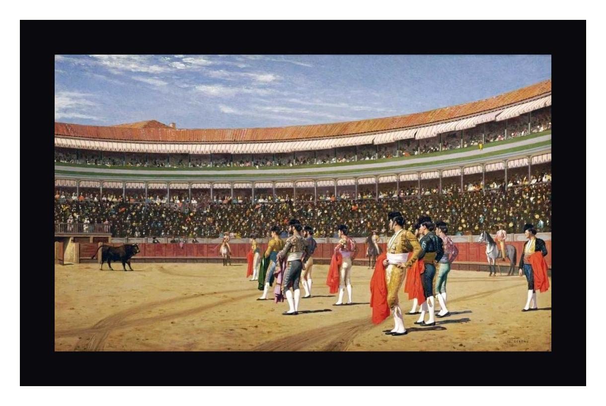 The Entry of The Bull by Jean Leon Gerome Ferris - 20x30 Inch Framed Canvas Art Print with Black Frame - Ready to Hang Wall Decor for Living Room, Office & Bedroom