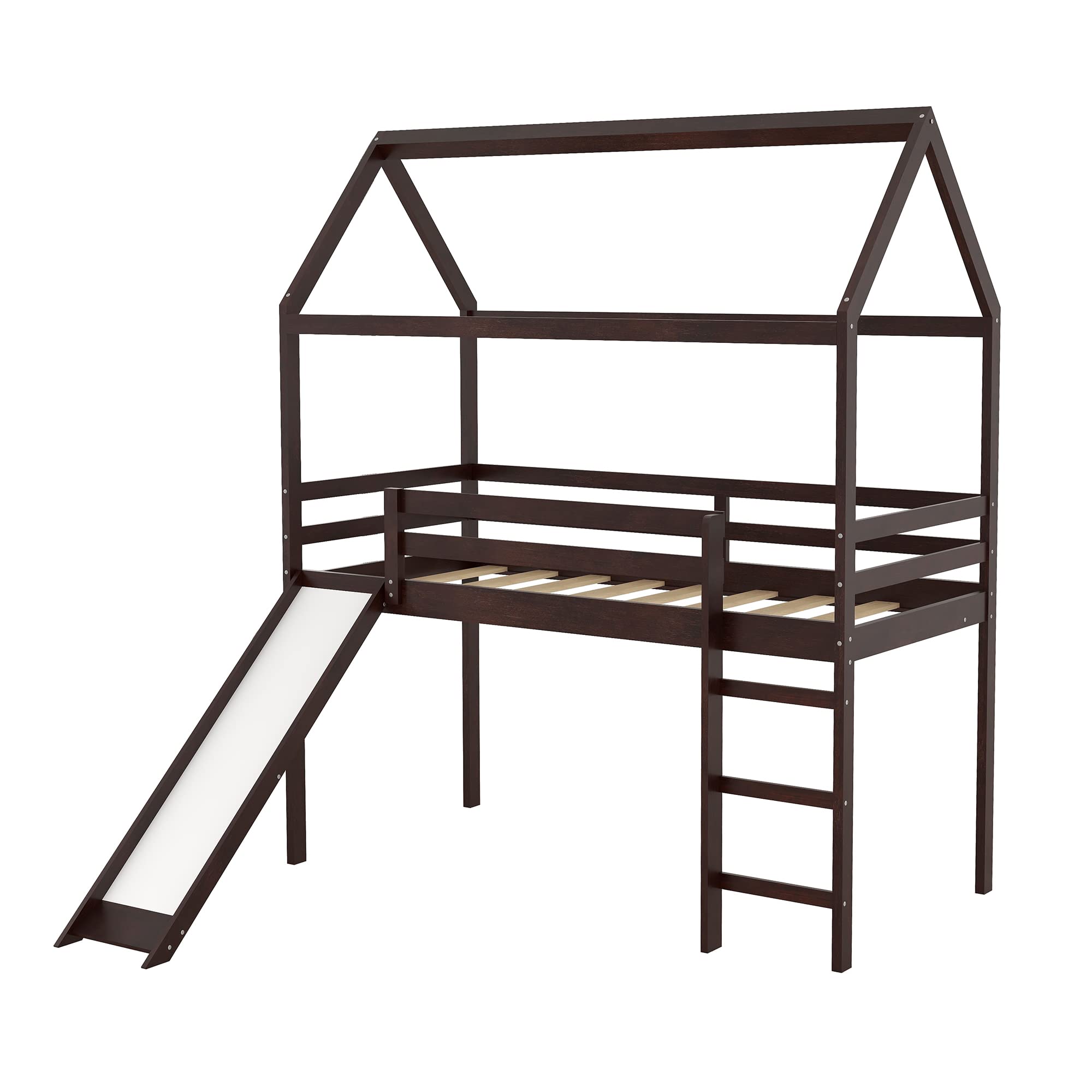 Merax Twin Size Loft Bed with Slide - House Shaped Kids Bunk Bed Frame with Ladder & Slats, No Box Spring Needed | Perfect Space-Saving Solution for Boys & Girls Bedrooms, Playrooms & Small Spaces