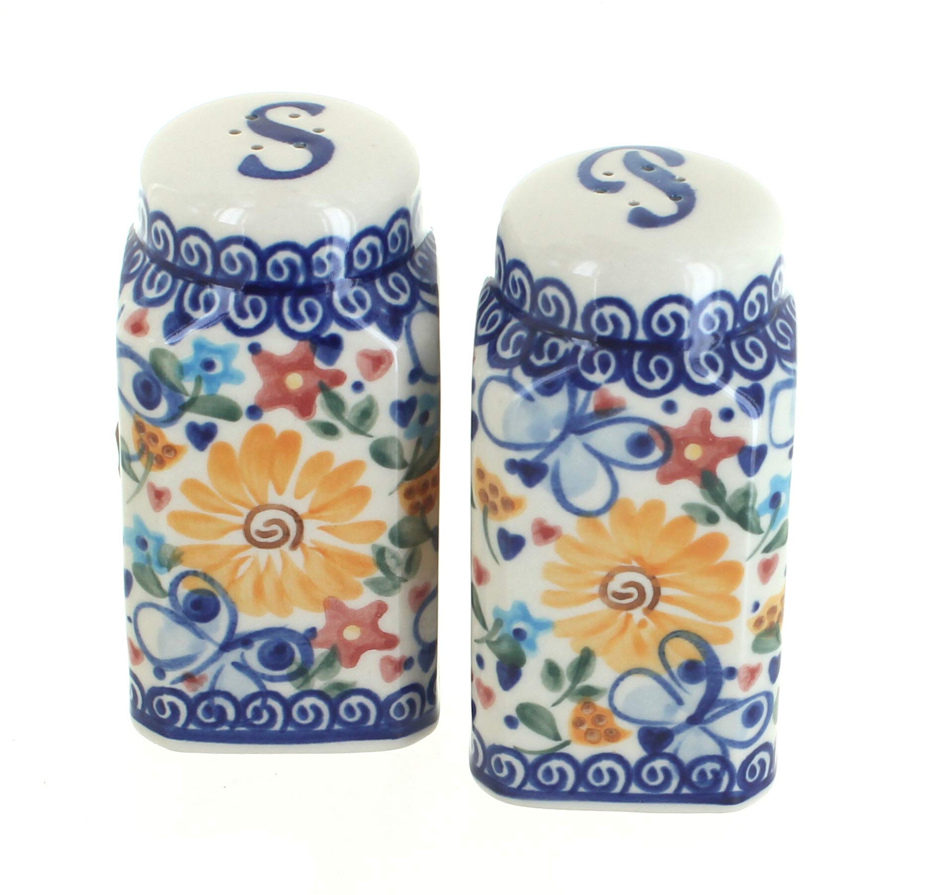 Handmade Blue Rose Polish Pottery Butterfly Salt and Pepper Shakers Set - Vintage Ceramic Seasoning Dispensers for Kitchen, Dining Table & Gift Giving
