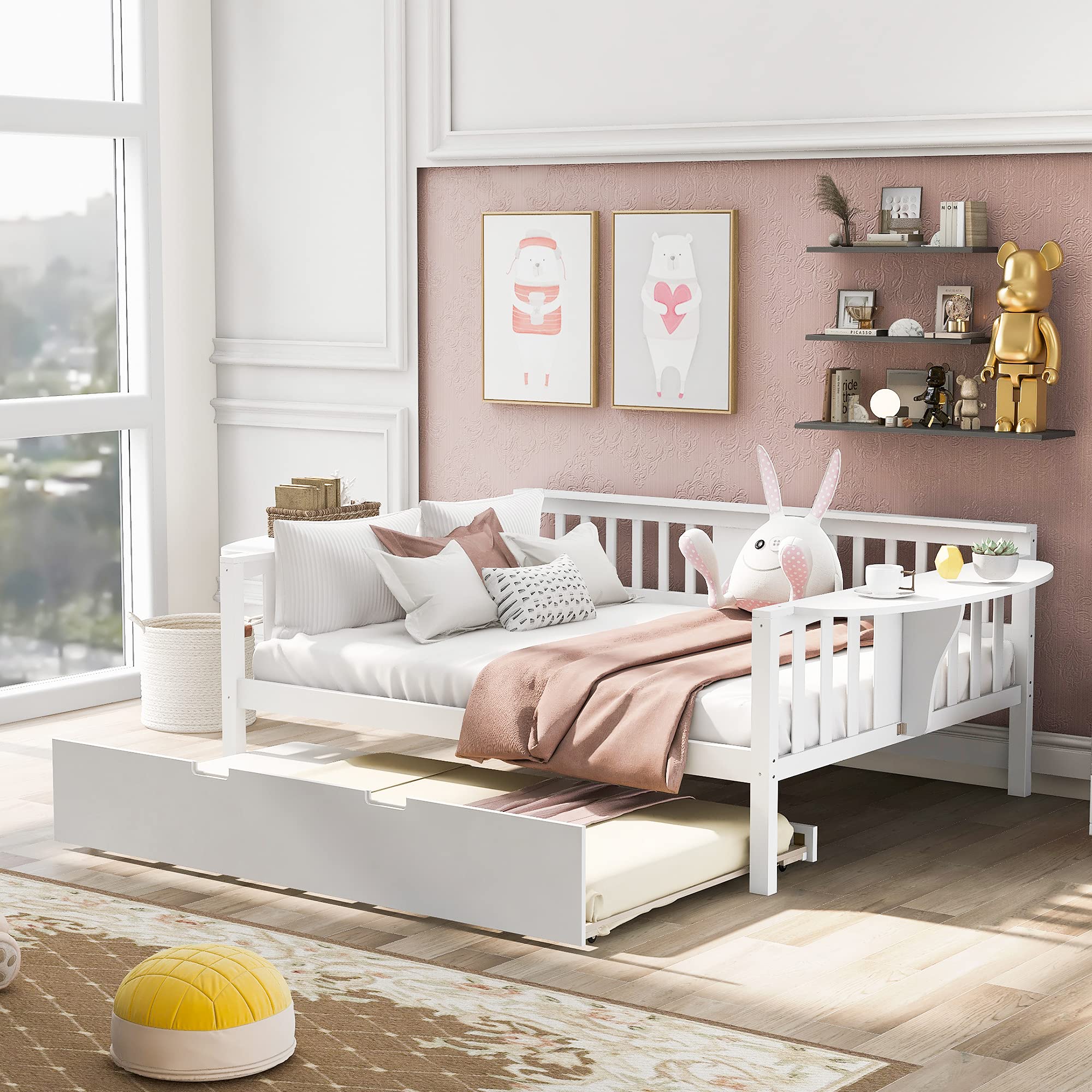 SQX White Wooden Full Size Daybed with Twin Trundle - Foldable Table & No Box Spring Needed - Perfect for Guest Rooms, Dormitories & Small Space Living