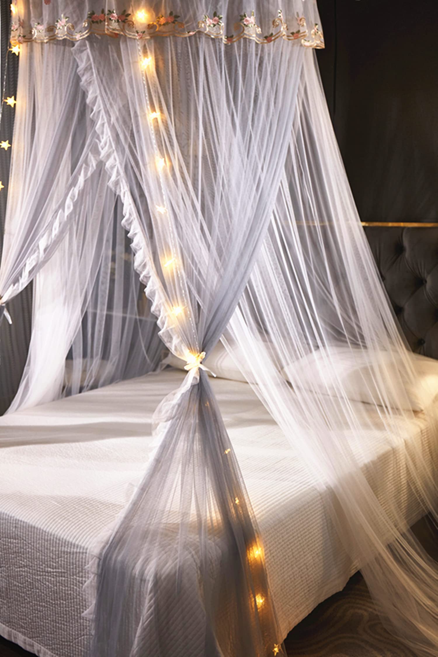 VETHIN Princess Bed Canopy for Girls - Double Layer Sheer Mesh Dome with Elegant Embroidery Lace, Mosquito Net Bed Curtain for Full/Queen/King Size Beds, Includes LED Star String Lights (Grey/White) - Perfect for Kids' Bedrooms, Sleepovers & Fairy Tale Themed Decor