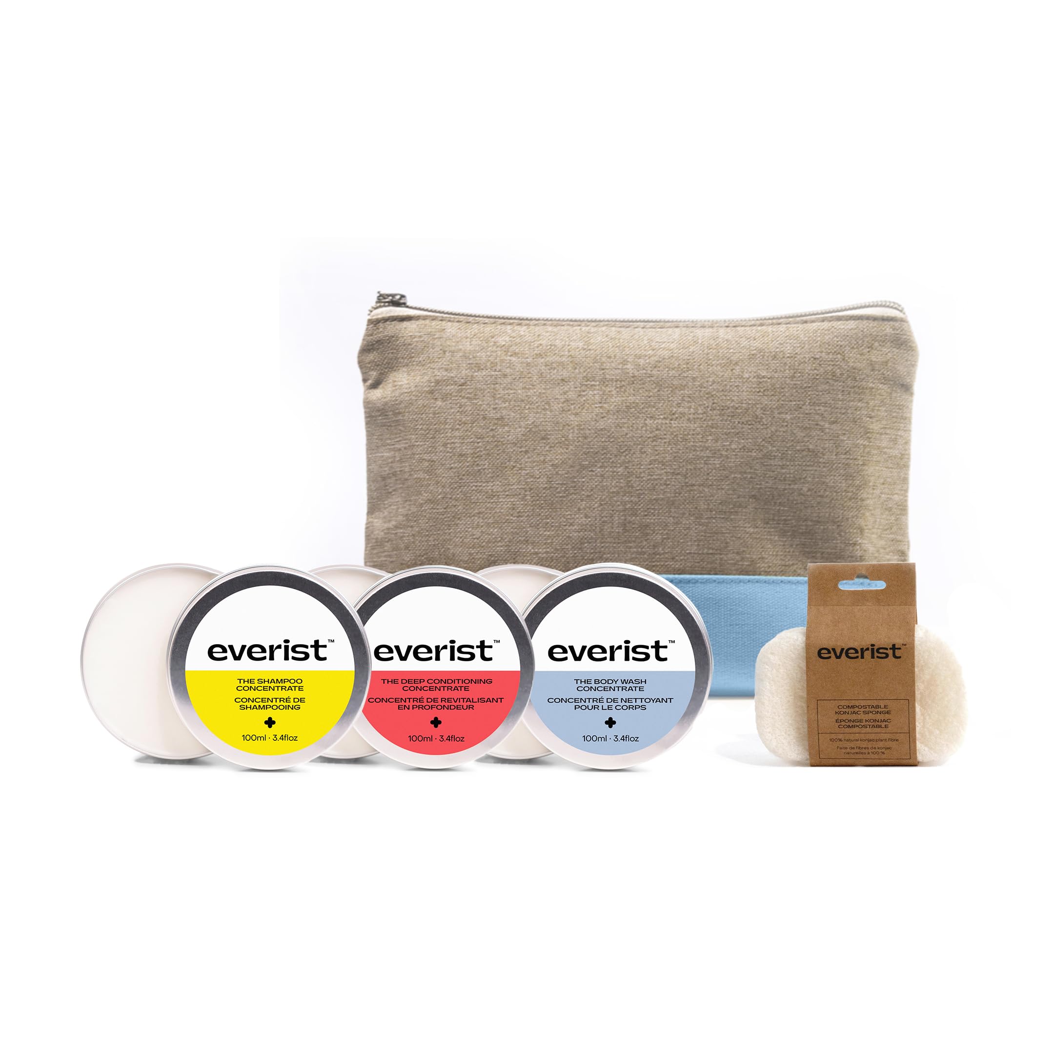 Eco-Friendly Complete Shower Kit with Shampoo, Conditioner & Body Wash Concentrates (3.4 fl oz) + Compostable Konjac Sponge & Jute Travel Bag - Perfect for Travel, Camping & Sustainable Bathing