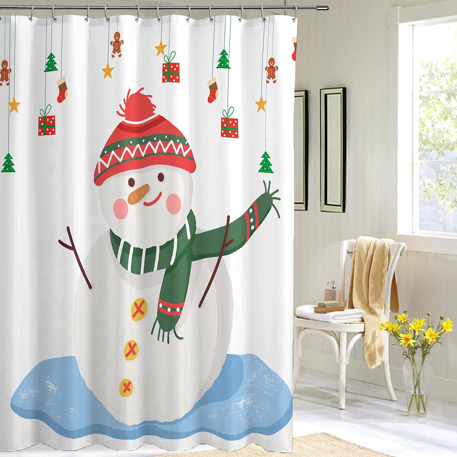 Farmhouse Christmas Shower Curtain Set - 72x72 Inch Waterproof White Fabric Bathroom Decor with Hooks | Cute Snowman & Small Ornament Design for Holiday Bathroom Accessories | Perfect for Christmas Home Decor, Gift Giving & Festive Bathroom Makeover