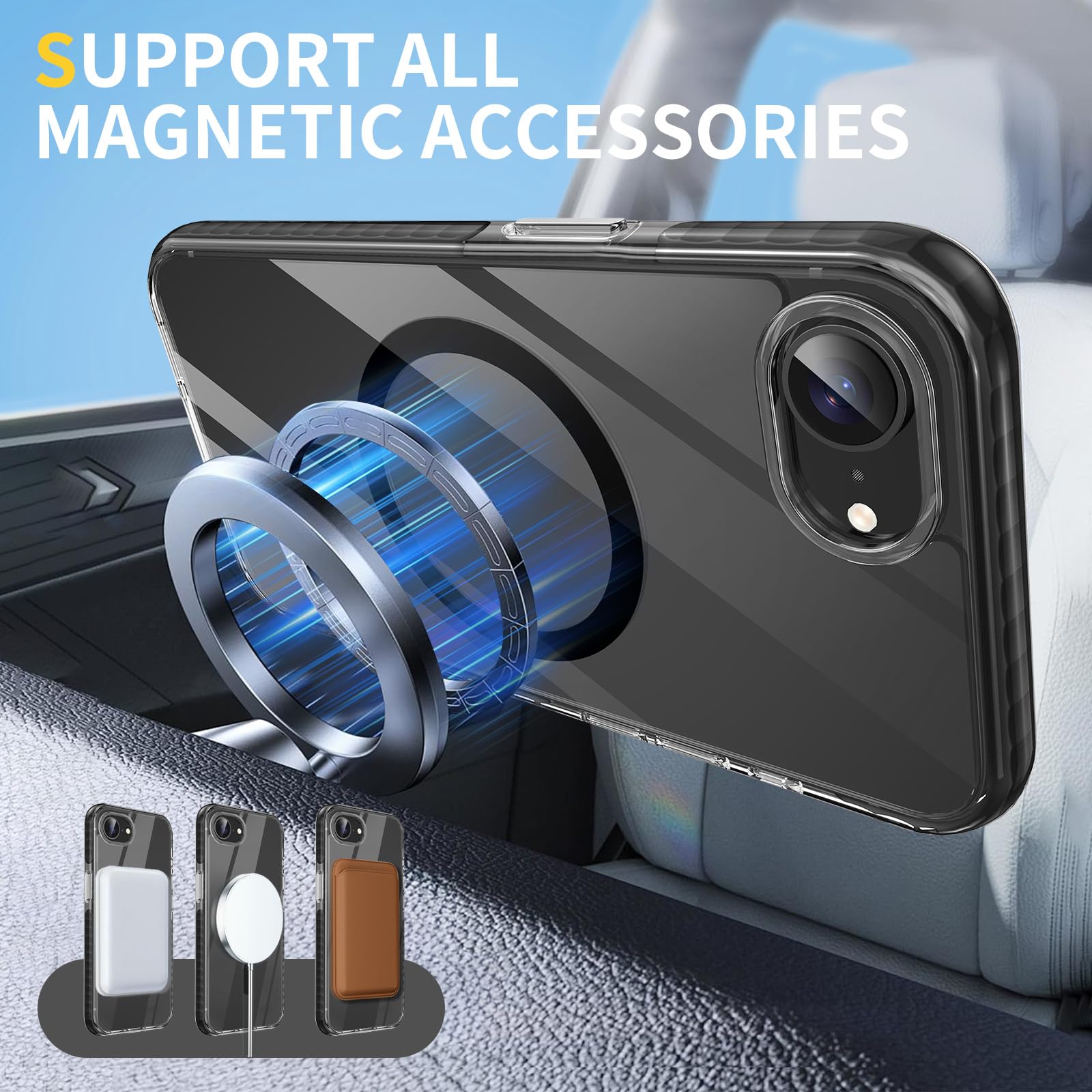MATEPROX Magnetic Clear iPhone 16e Case 2025 - Compatible with MagSafe | Anti-Yellowing | Anti-Slip Military Grade Protection | Includes Screen Protector (Black) - Perfect for Everyday Use, Travel & Outdoor Activities