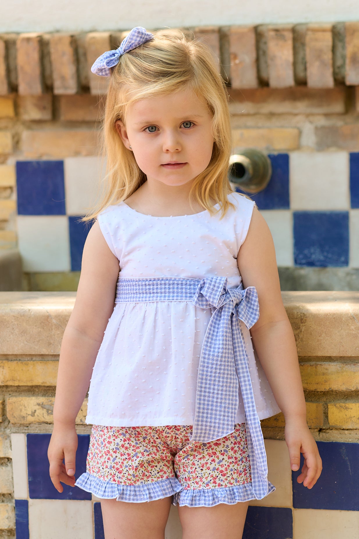 Esme Indigo Blue Gingham Top & Floral Shorts Set - Women's Casual Summer Outfit for Beach, Picnic & Date Night
