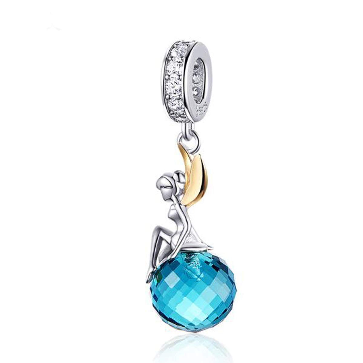 925 Sterling Silver Feather Wing Angel Charm with Blue Birthstone - Elegant Jewelry for Women's Bracelets - Perfect for Gifts, Birthdays & Spiritual Healing