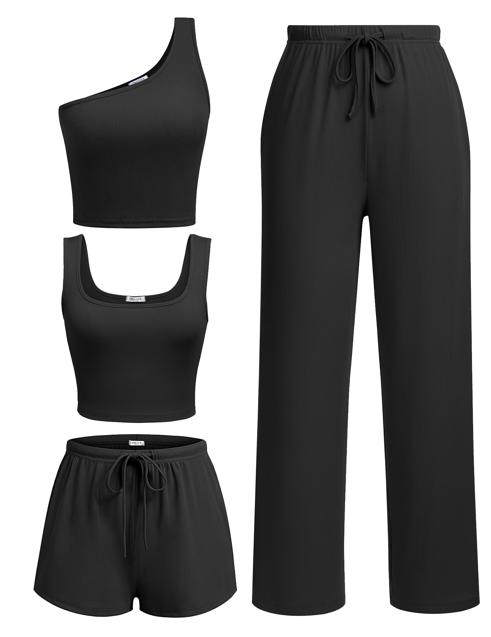 Ekouaer Women's 4-Piece Lounge Set - Ribbed Knit Crop Tank Top & Shorts Pants - Soft Casual Outfits for Home, Yoga & Relaxation