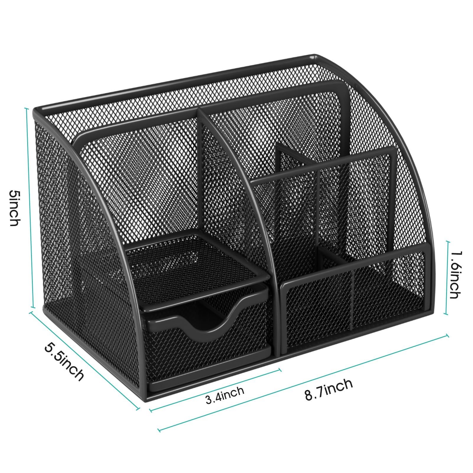 MaxGear 6-Compartment Metal Mesh Desk Organizer with Drawer - Black Office Pen Holder & Stationery Caddy with Non-Slip EVA Base (8.7