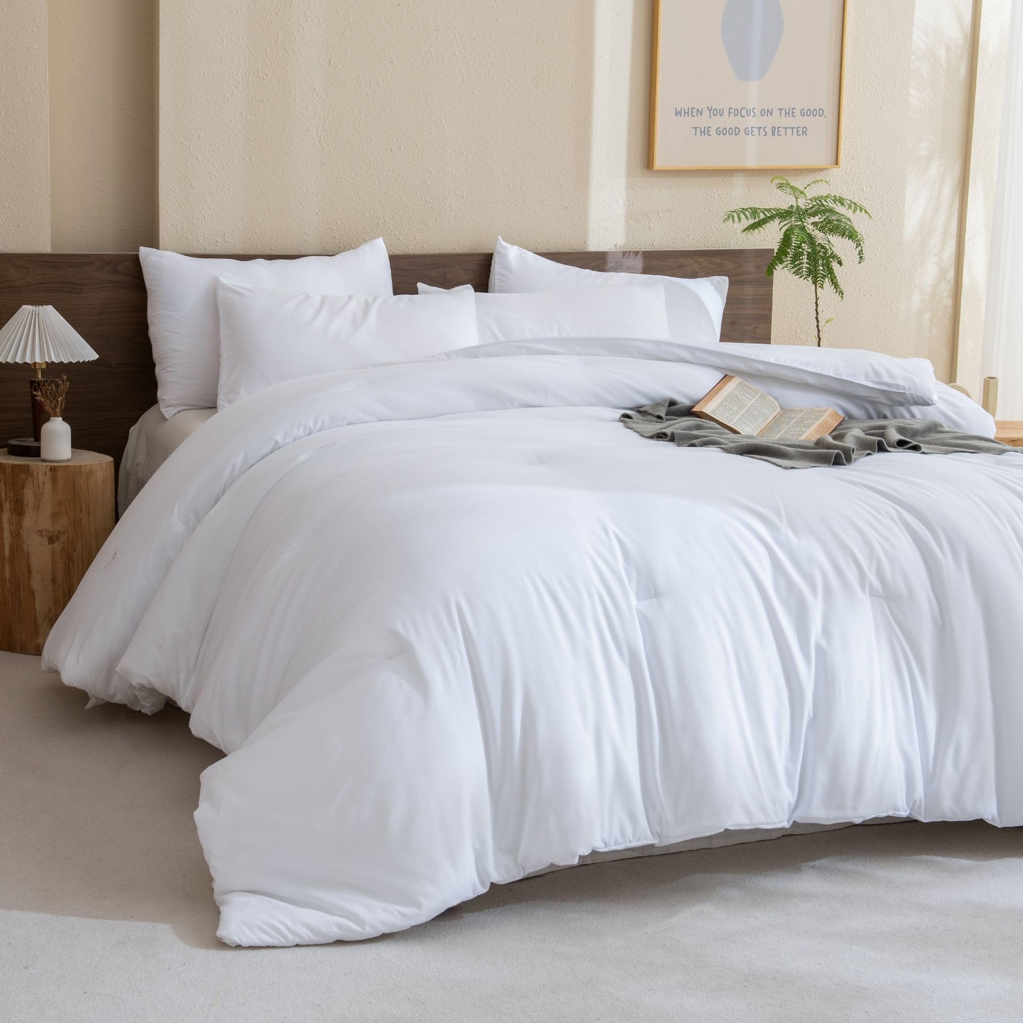 Paxrac Classic Pure White Queen Size Comforter Set - 3 Piece Boho Lightweight Solid Bedding, All Seasons Soft Breathable 90x90 Inch Comforter with 2 Pillowcases | Perfect for Guest Rooms, Master Bedrooms & Cozy Boho Chic Decor