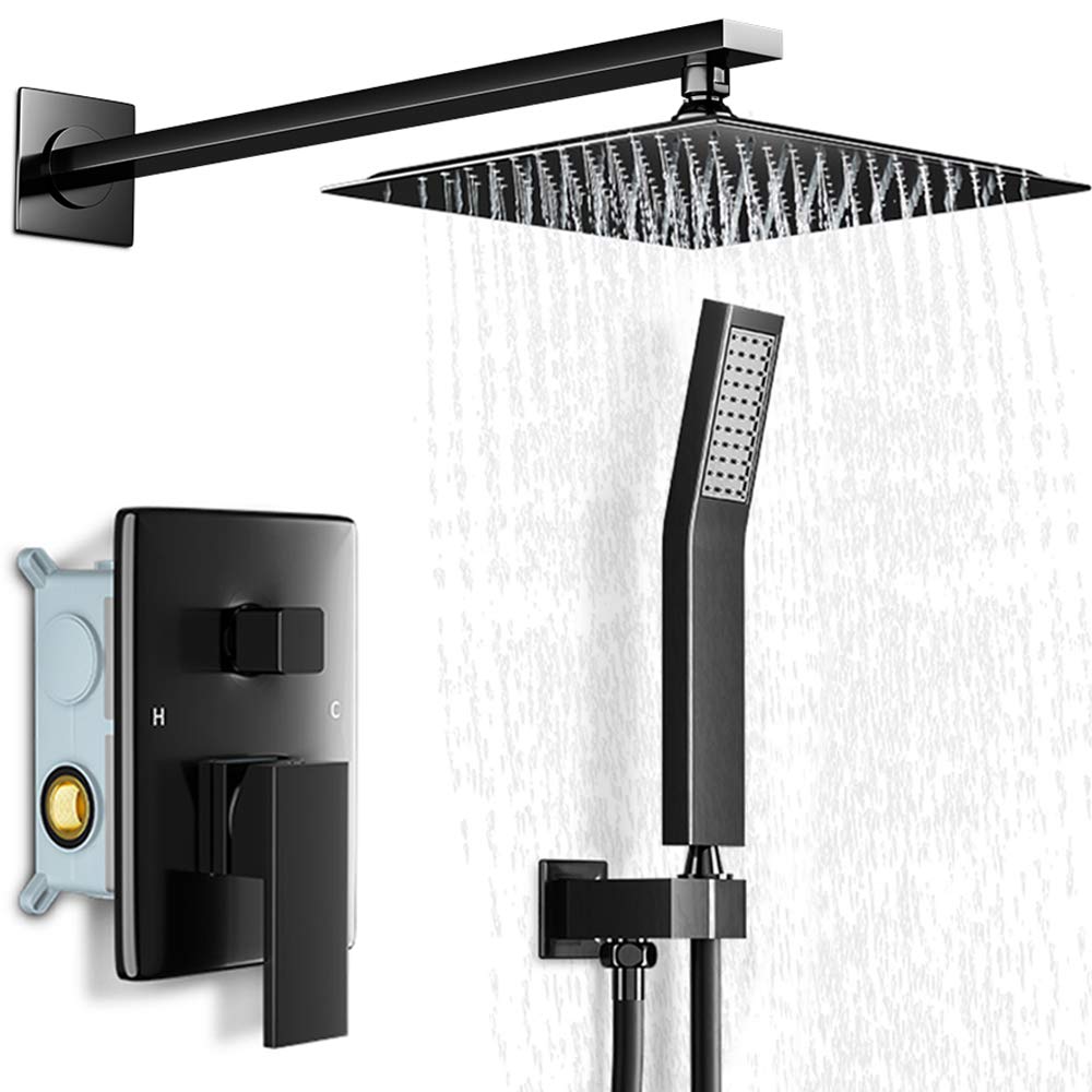 RUIFUDA Matte Black Shower System - 10 Inch Luxury Rainfall Shower Faucet Set with Rough-in Valve & Trim - Wall Mounted Bathroom Shower Combo for Spa-Like Experience - Perfect for Master Bathrooms & Modern Home Renovations