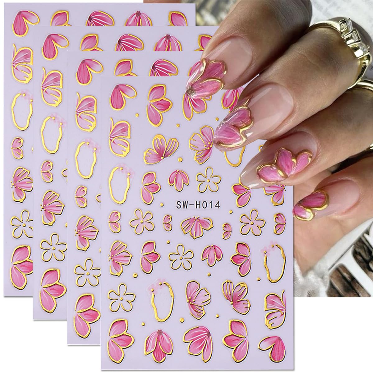 Pink Flower Nail Art Stickers - 4PCS Spring Blossom 3D Self-Adhesive Nail Decals with Golden Edge for Women | DIY Manicure Supplies | Perfect for Valentine's Day, Spring Nail Decor & Party Nail Art