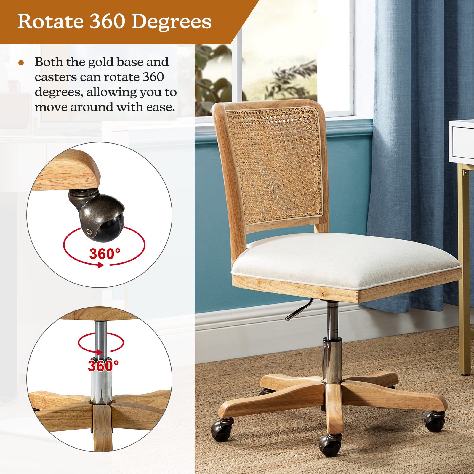 Ergonomic Modern Home Office Chair - Adjustable Swivel Rolling Desk Chair with Linen Upholstery & Rattan Mid-Back Support - Comfortable Armless Computer Chair for Small Spaces, Study Rooms & Workstations