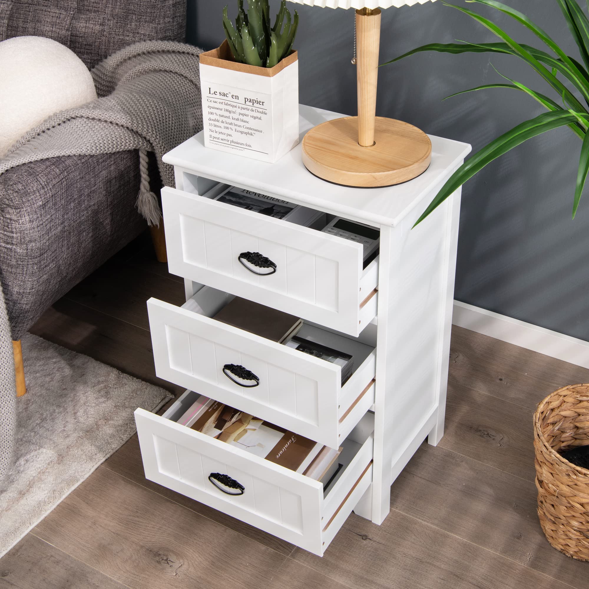 LOKO Modern Bathroom Storage Cabinet with 3 Drawers, Anti-Tip Strap & Elegant Handles - White Accent Floor Cabinet for Bathroom, Bedroom or Entryway Organization