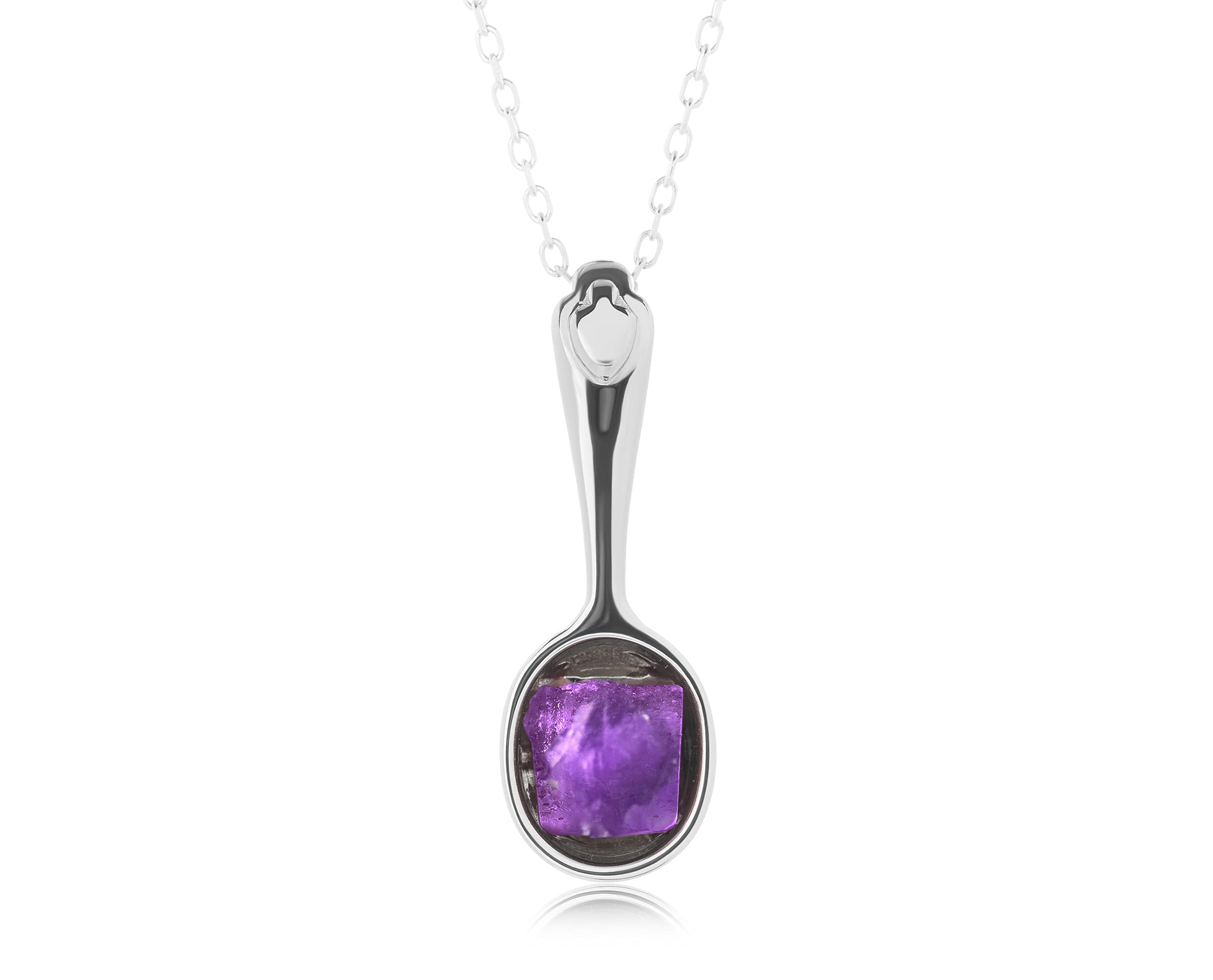 Raw Amethyst Silver Spoon Necklace - February Birthstone Rough Amethyst Pendant for Women - Minimalist Boho Jewelry - Perfect for Valentine's Day Gifts & Everyday Wear