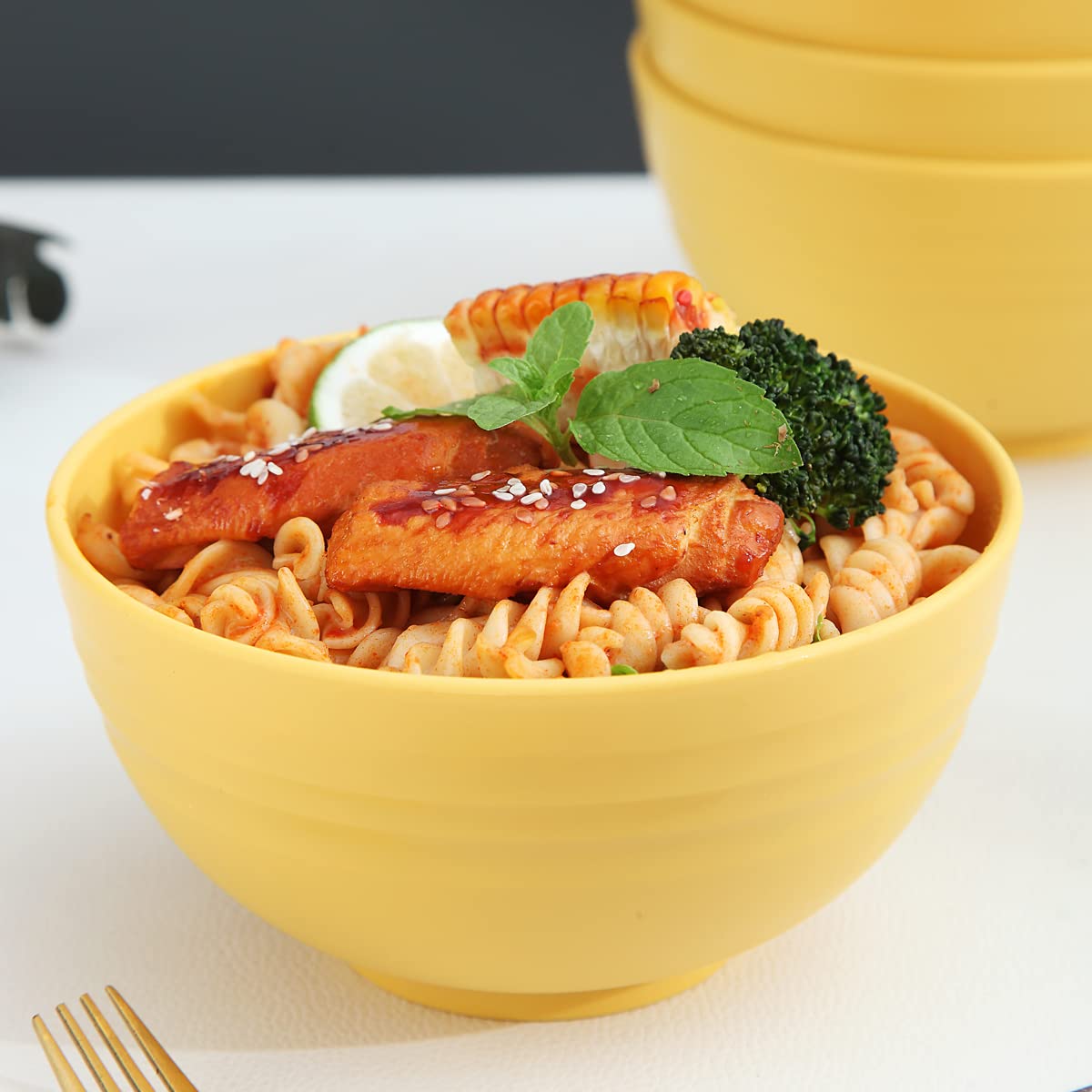 Kyraton 4-Piece Unbreakable Cereal Bowls Set - Lightweight Reusable Bowls for Rice, Noodles, Soup, Salad & Fruit - Dishwasher & Microwave Safe, BPA-Free (Gold Yellow) - Perfect for Family Meals, Camping & Dorm Use
