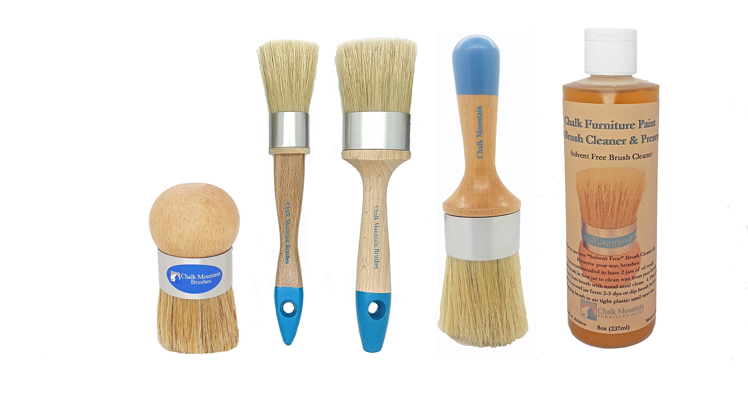 5-Pack Brush Cleaner Kit - Chalk Paint & Wax Brush Set with Boar Hair Bristles & 8oz Solvent-Free Cleaner for Furniture Painting, DIY Projects & Home Decor