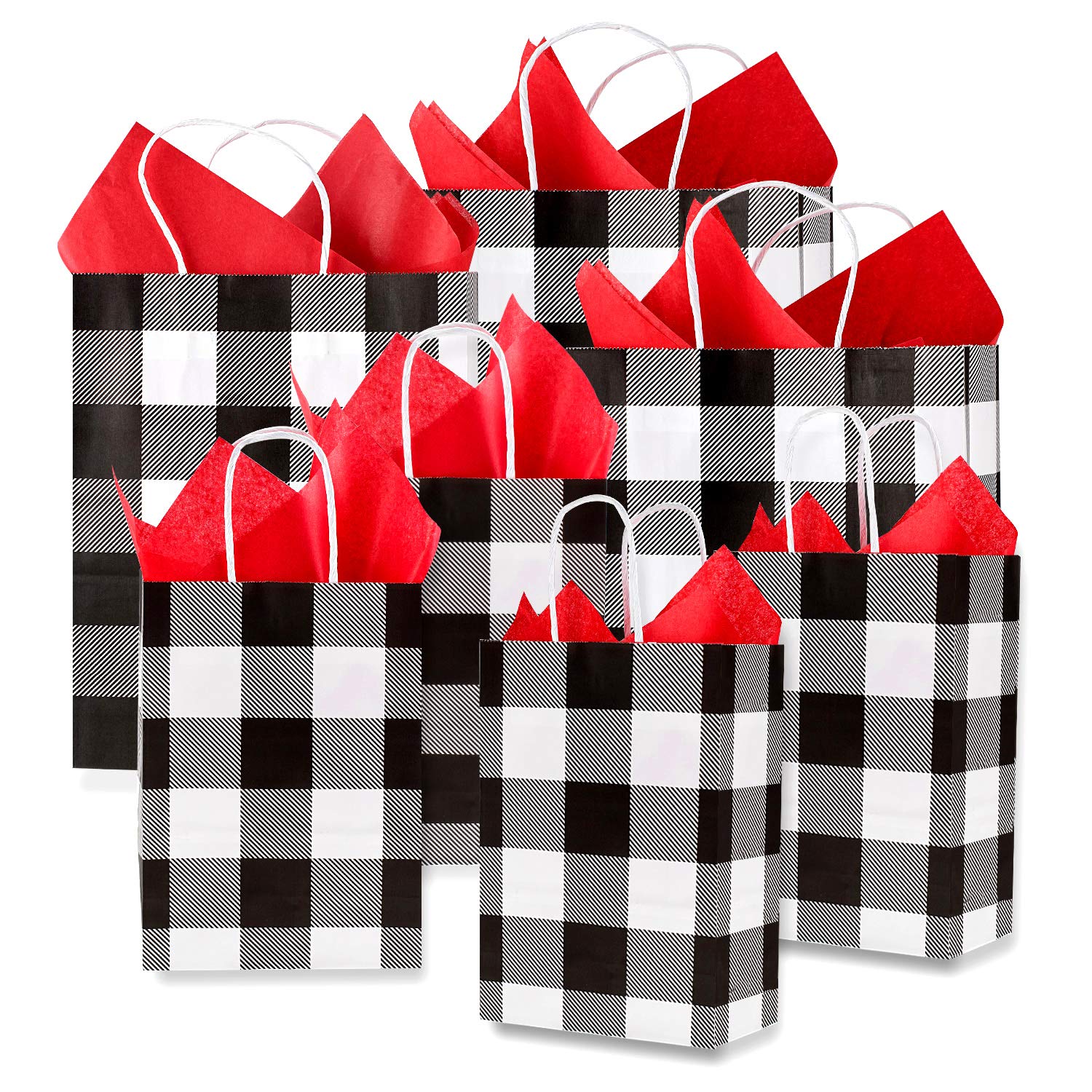 24 Pack Christmas Buffalo Plaid Gift Bags with 20x20 Red Tissue Paper - White & Black Kraft Paper Bags for Holiday Party, Wedding, Birthday Gifts - Perfect for Christmas Wrapping, Party Favors and Festive Gift Giving