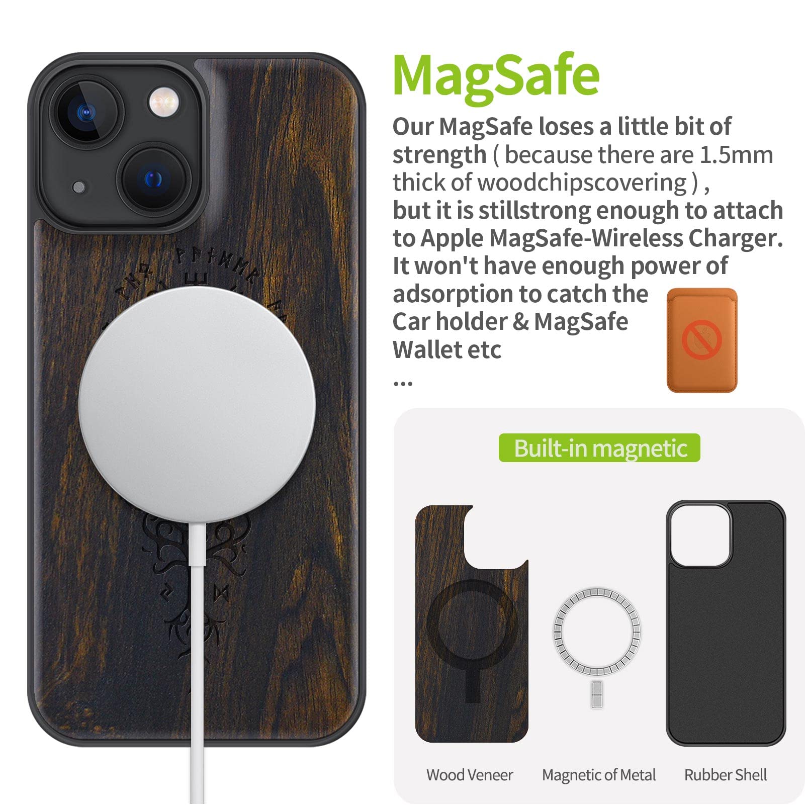 Carveit Magnetic Wood Case for iPhone 13 Mini - Natural Wood & Black TPU Shockproof Protective Cover with MagSafe Compatibility (Viking Compass Vegvisir Blackwood) - Perfect for Outdoor Adventures & Daily Protection