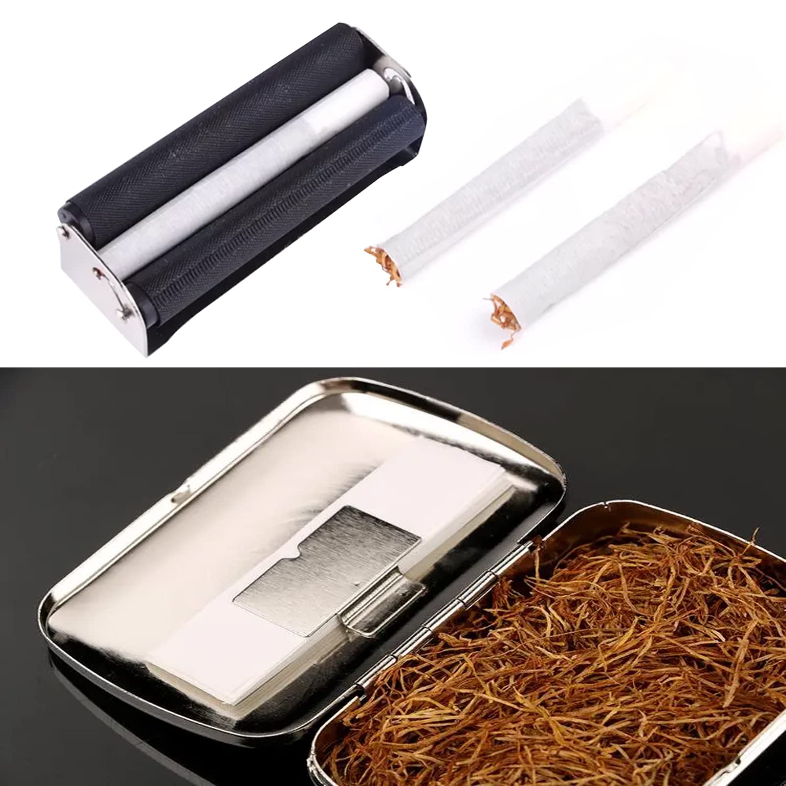 78MM Metal Cigarette Roller Machine with Lid & Rolling Papers - Premium Handheld Cigarette Maker for DIY Tobacco Rolling - Perfect for Home Use, Travel & Outdoor Activities