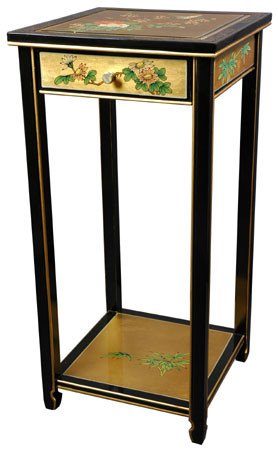 Elegant Black Oriental Stand with Mother of Pearl Inlay - Drawer, Shelf & Glass Top Display Cabinet - Perfect for Living Room Decor, Antique Collectibles Showcase & Home Organization