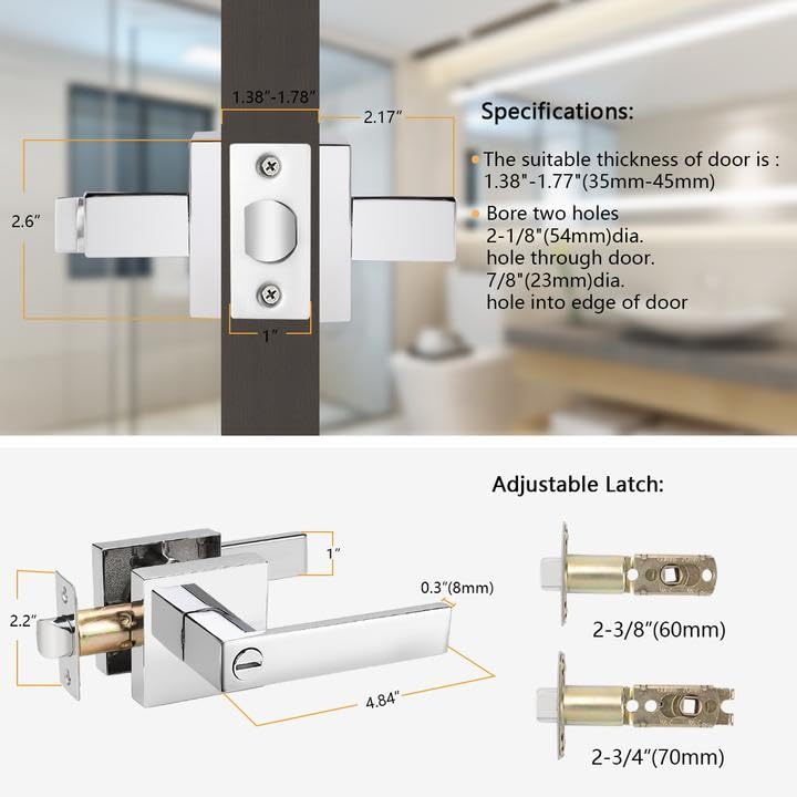 Probrico 4-Pack Square Keyless Privacy Door Levers - Heavy Duty Interior Bedroom & Bathroom Door Handles with Universal Handing - Polished Chrome Finish - Perfect for Home, Office, and Commercial Spaces