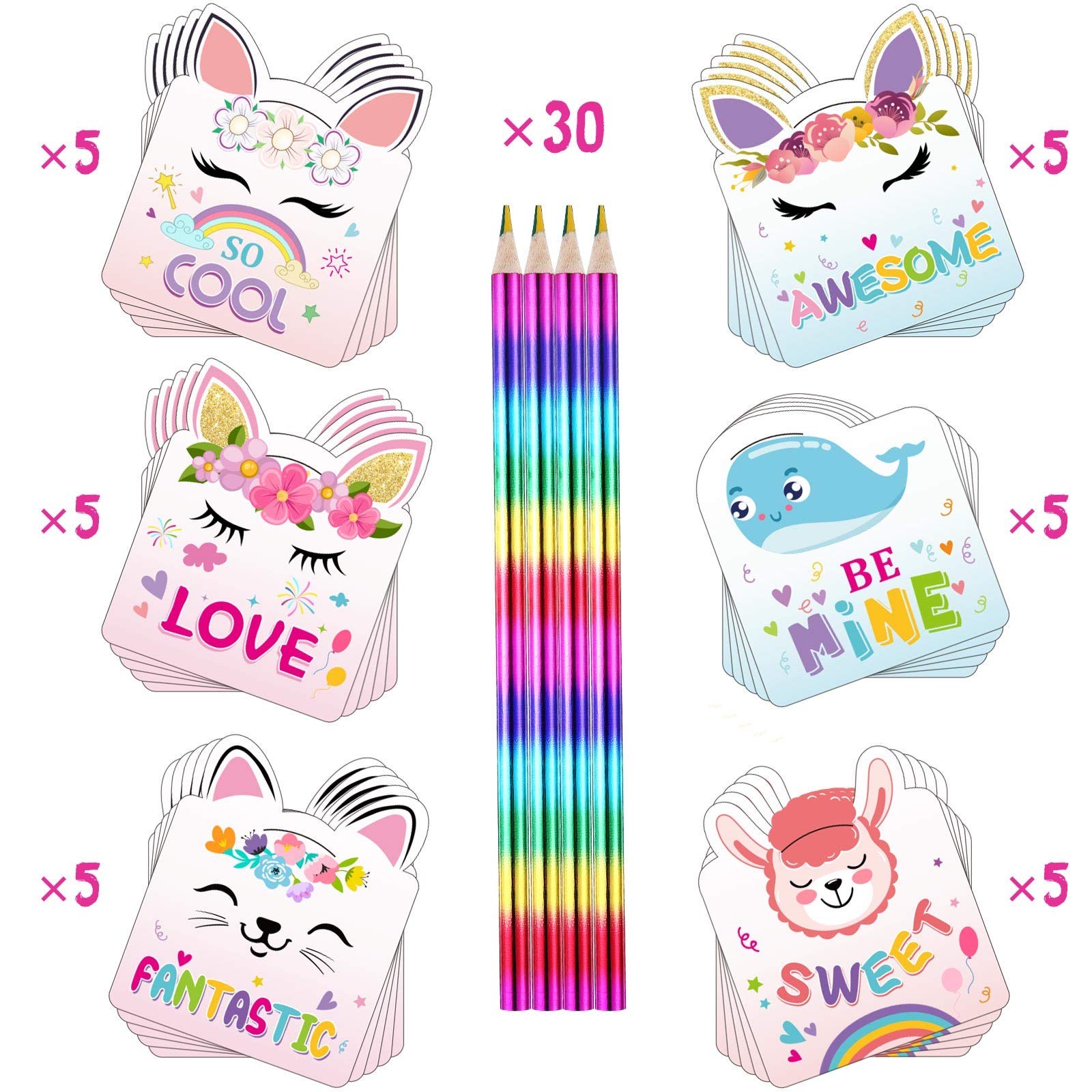 Zonon 30 Sets Valentine's Day Cards with Rainbow Pencils - Unicorn & Cute Animal Greeting Cards for Kids Classroom Exchange, Party Favors - Perfect for Valentine's Day Celebrations & School Events