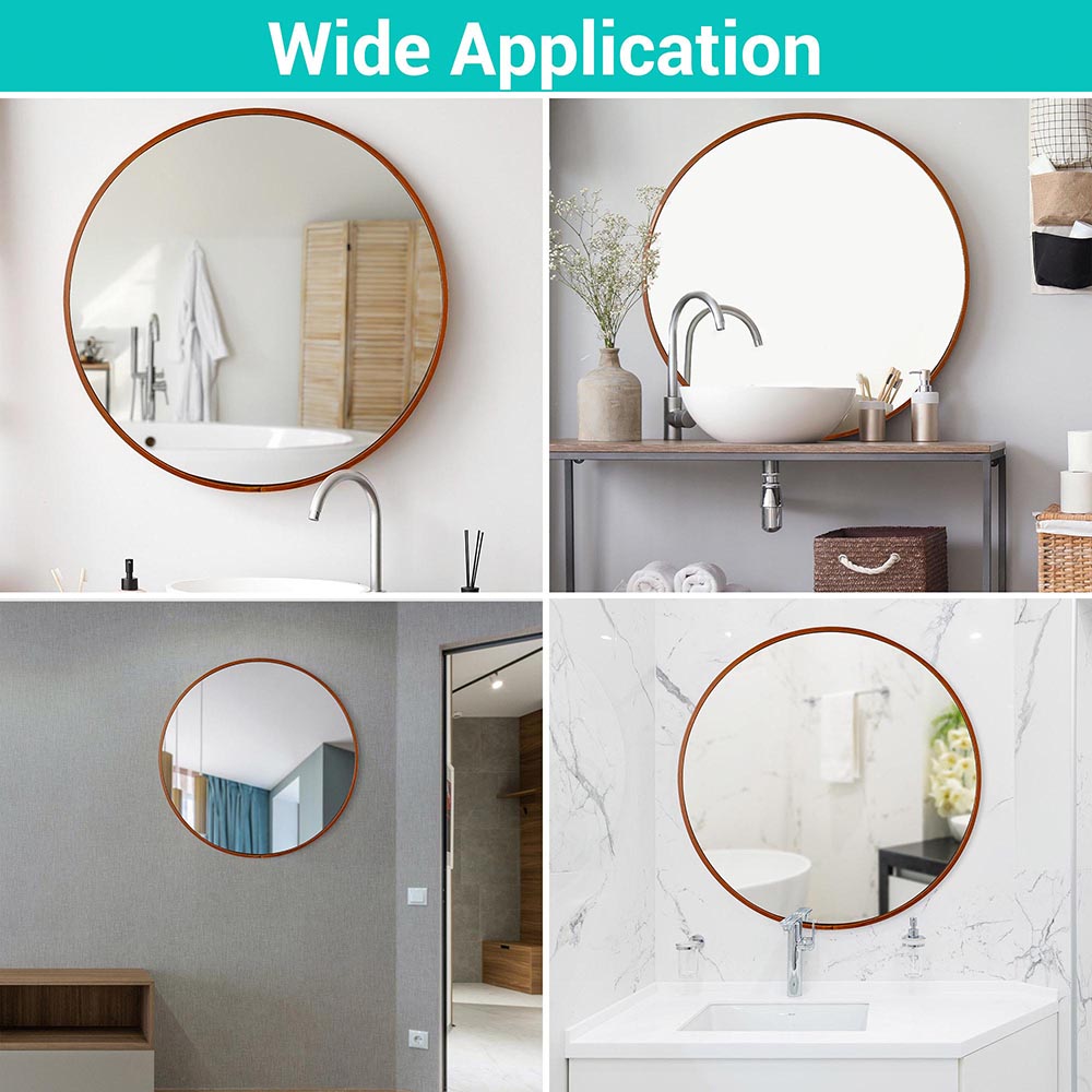 Round Wooden Framed Bathroom Mirror - Rustic Wall Mounted Vanity Mirror for Bathroom Decor, Bedroom, and Entryway