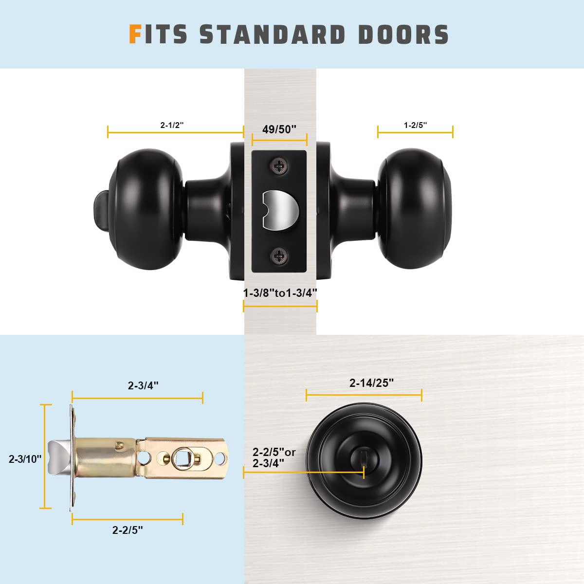 KNOBWELL 10-Pack Black Privacy Door Knobs with Lock - Keyless Interior Door Handle Locksets for Bedroom & Bathroom | Secure & Stylish Home Privacy Solution