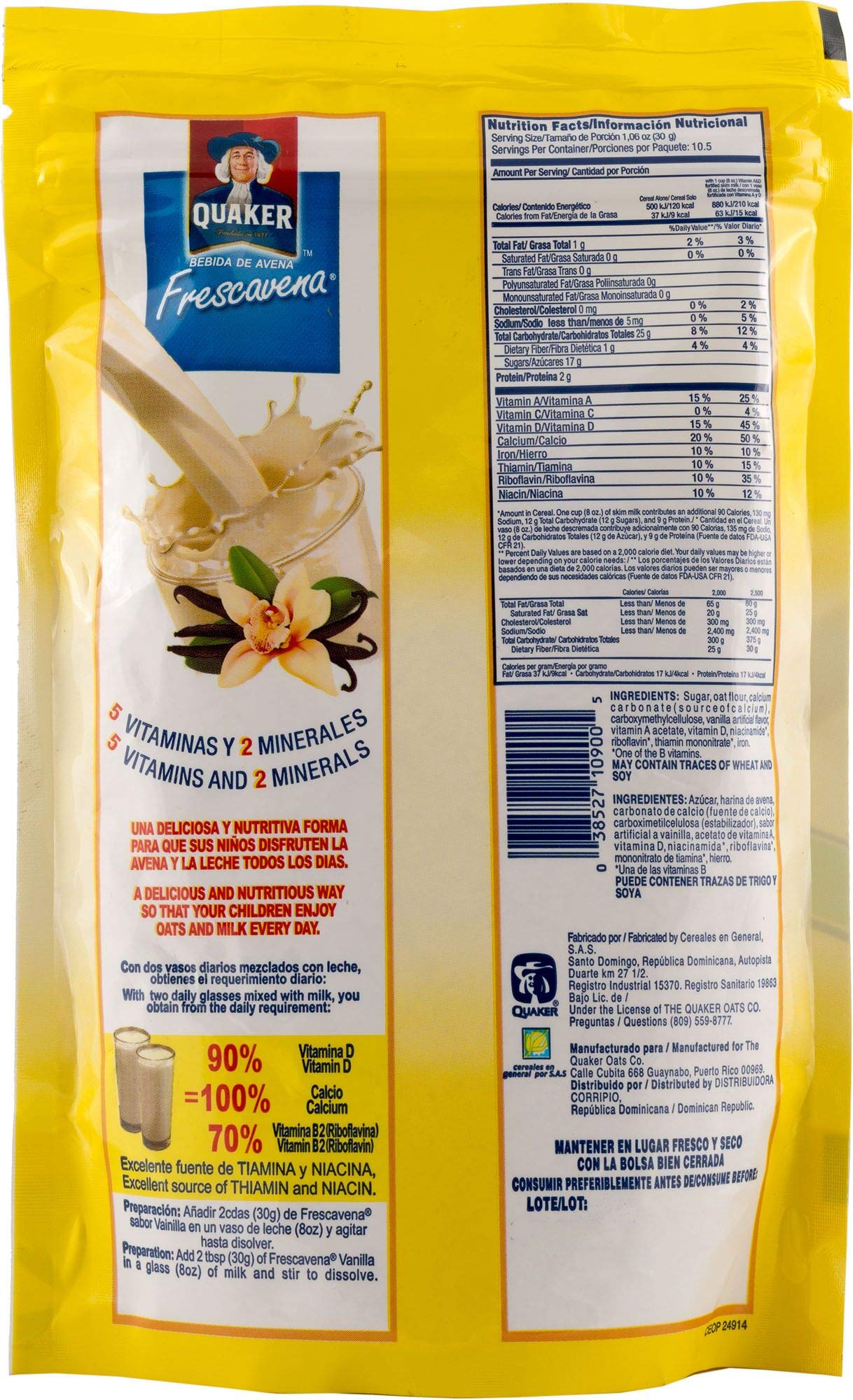 Quaker FrescAvena Vanilla Flavor Oat Beverage Mix - 11.1 Oz (Pack of 1) | Instant Oatmeal Drink Powder | Perfect for Breakfast, Smoothies & Healthy Snacks
