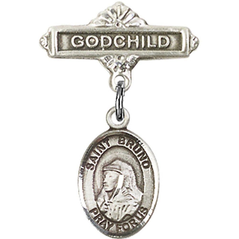 St. Bruno Sterling Silver Baby Badge & Godchild Pin - 1 x 5/8 Inch Religious Jewelry Gift for Baptism, Christening & First Communion