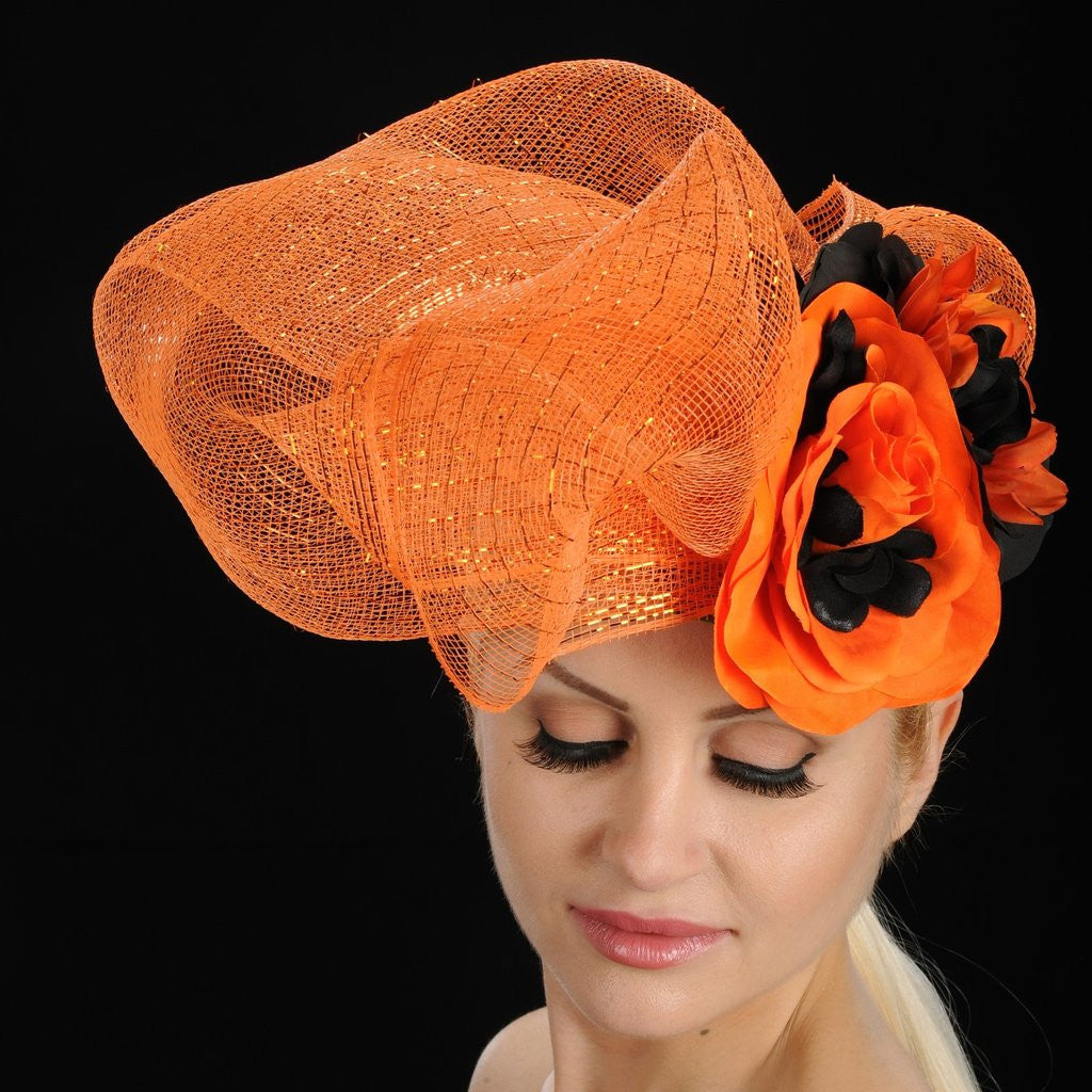 Elegant Orange and Black Fascinator with Flowers for Women | Wedding, Tea Party, Derby Hat Accessory | AC7022
