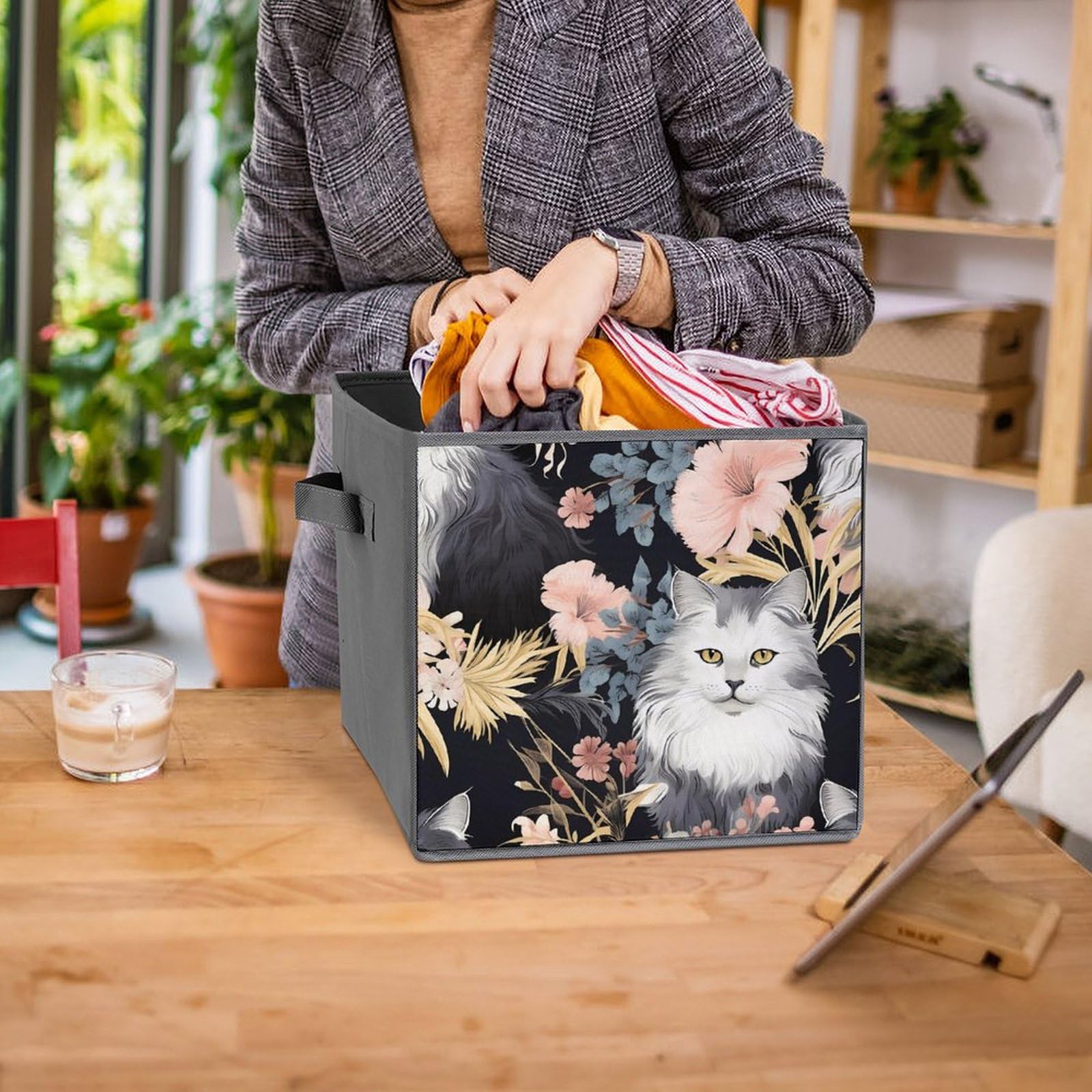 Foldable Storage Cubes with Handles - 6 Pack Cat & Butterfly Pattern Square Bins for Home Organization, Closet, Nursery, Kids Room & Pet Supplies Storage - Perfect for Toys, Books, Laundry & More