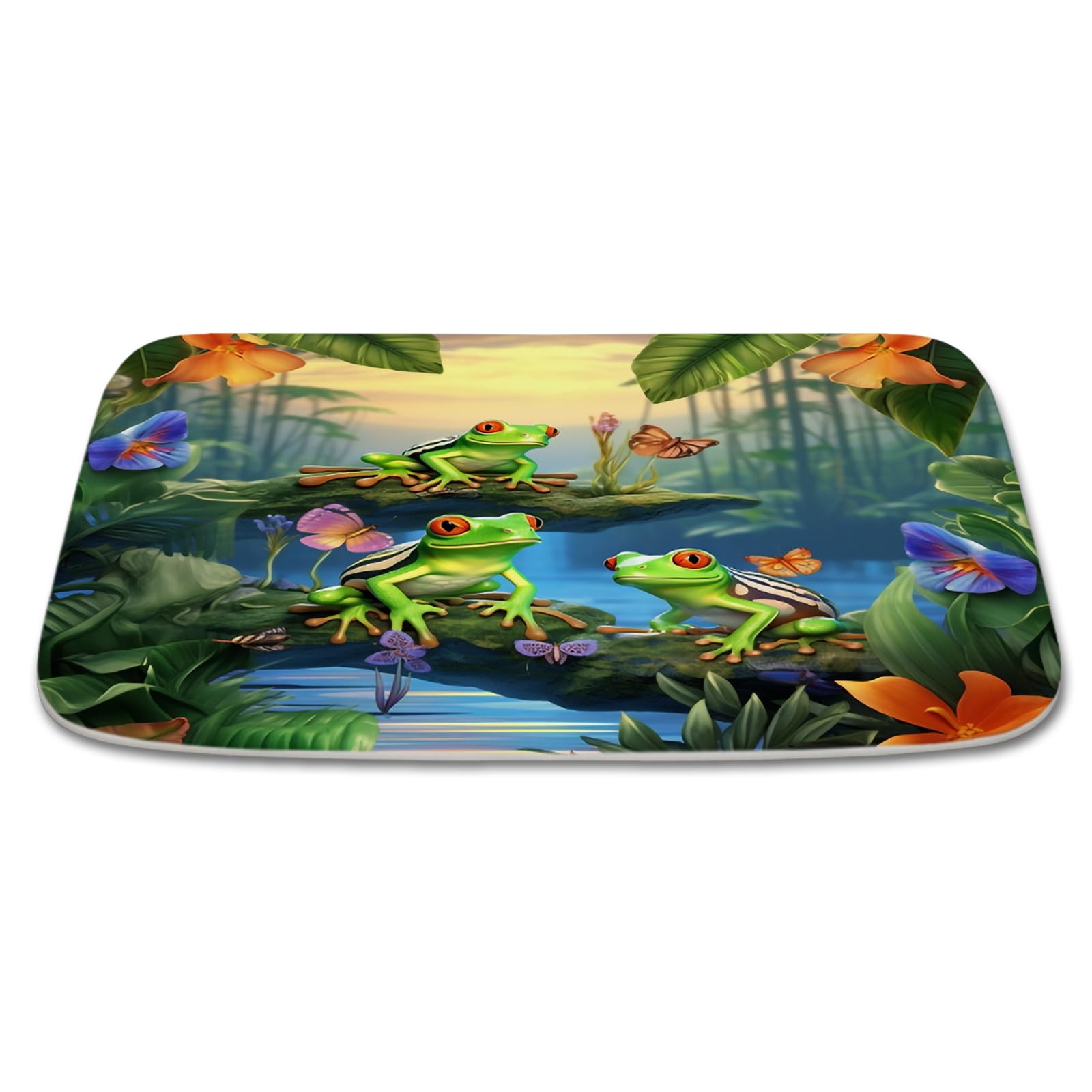 Non-Slip Cartoon Tropical Jungle Tree Frog Butterfly Bath Mat - Absorbent Coral Velvet Bathroom Rug with Rubber Backing, Soft Kitchen Floor Carpet (20x31 Inches) - Perfect for Bathroom Decor, Kids' Room & Eco-Friendly Home Accessories