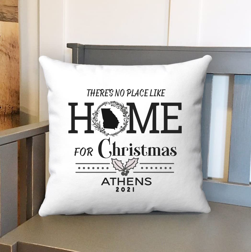 Personalized Christmas Throw Pillow 18x18 Inch - Custom Name & Athens Georgia Design - 'No Place Like Home' Holiday Decor with Insert - Perfect for Sofa, Bed & Festive Home Decor