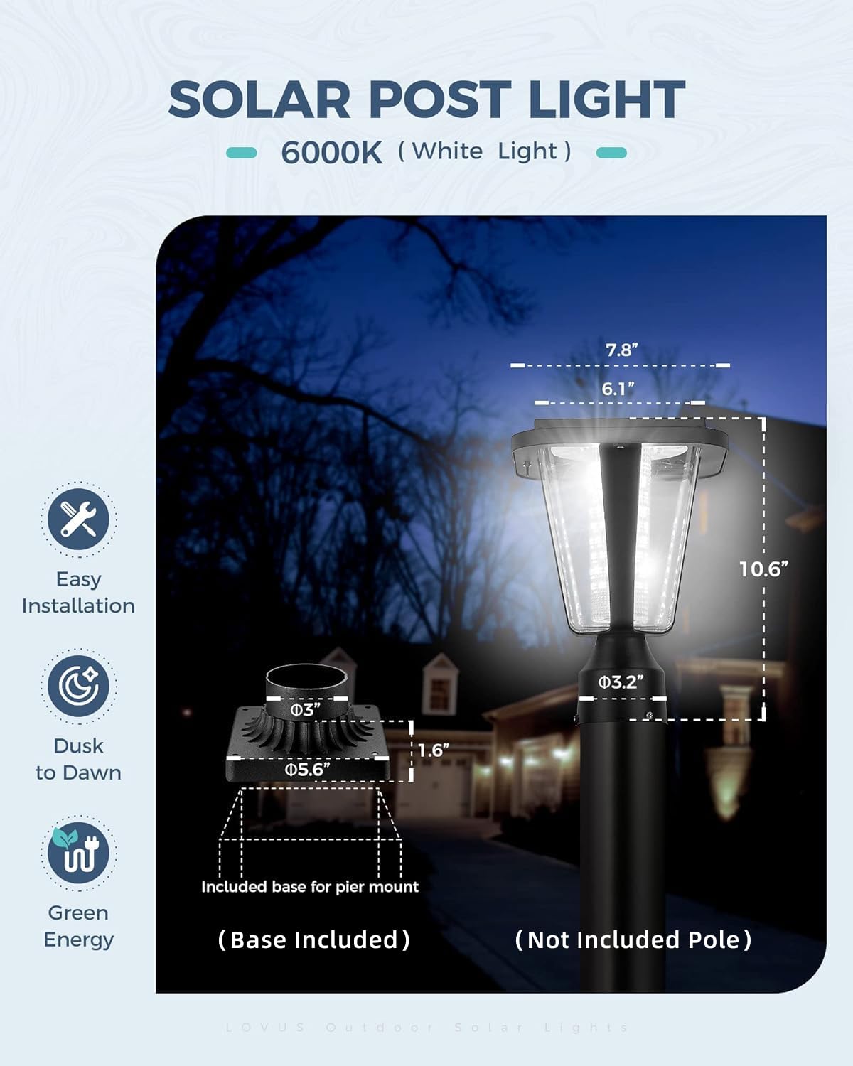 Lovus 160LM Solar Light Lamp Post - 6000K White Outdoor Solar Pillar Lights with 3