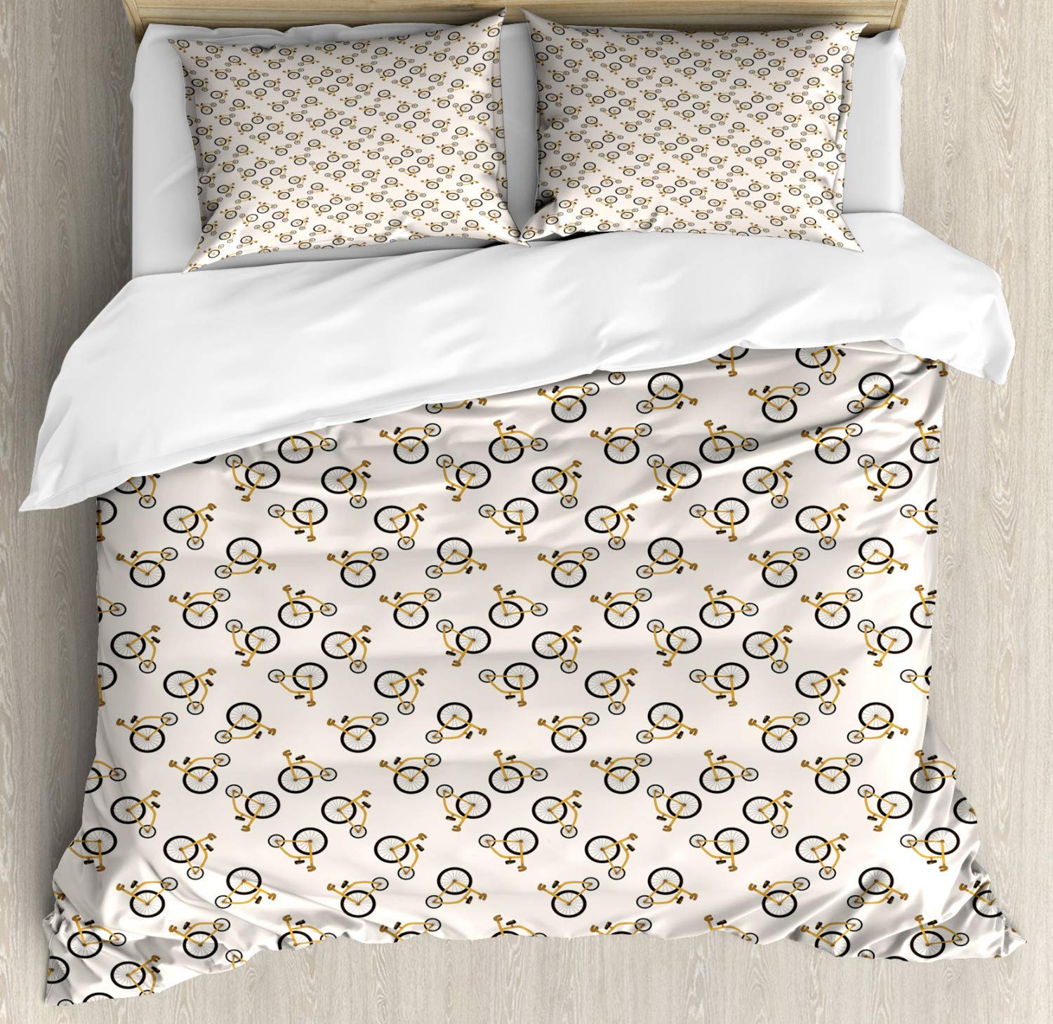 Cartoon Penny Farthing Bicycle Bedding Set - 4 Piece Duvet Cover with 1 Quilt Cover, 1 Bed Sheet & 2 Pillowcases in Champagne, Charcoal Grey, Earth Yellow & Caramel - Queen Size for Kids Room, Vintage Cycling Theme Bedroom Decor