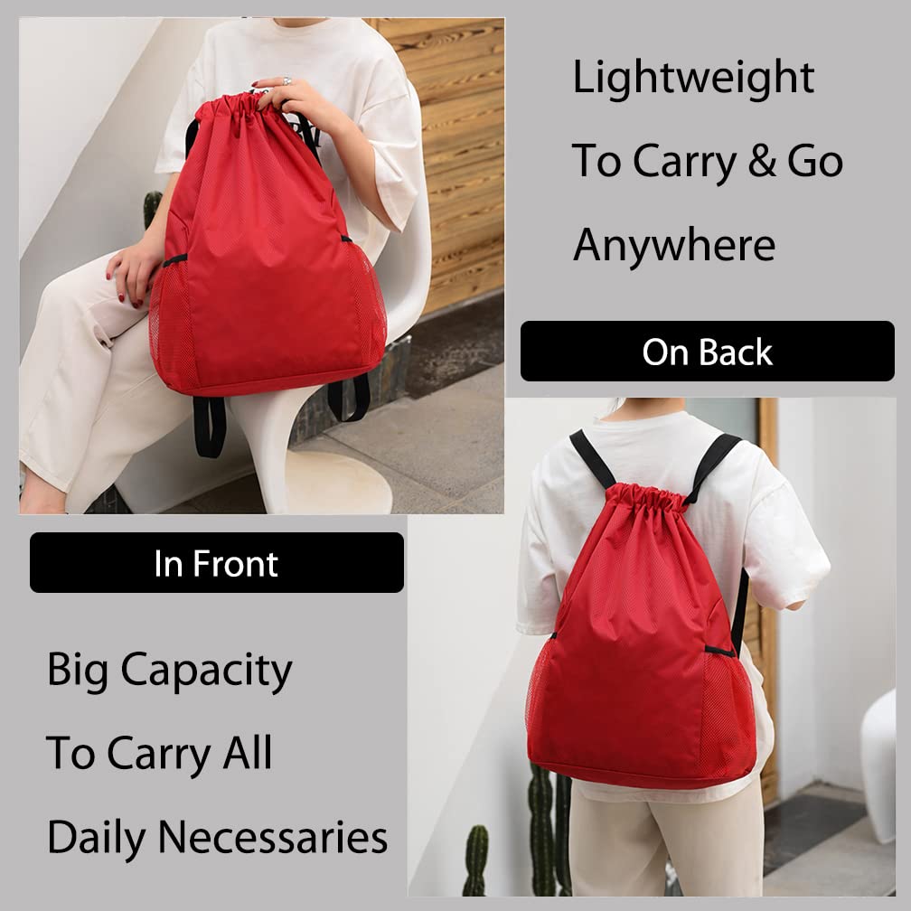 **UpLook Water-Resistant Drawstring Backpack for Men & Women – Lightweight Gym Sackpack with Large Cinch Side Pockets for Hiking, Travel & Daily Use (Dynamic Red)**