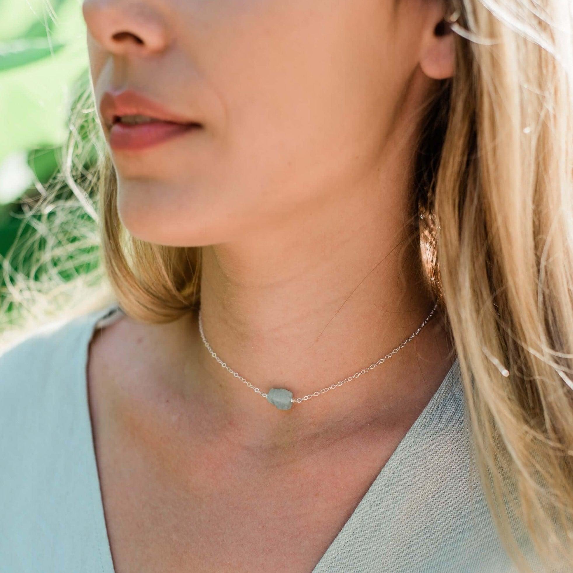 Natural Raw Aquamarine Crystal Nugget Choker Necklace - Elegant Bohemian Jewelry for Women, Perfect for Beach Weddings, Festivals & Layering