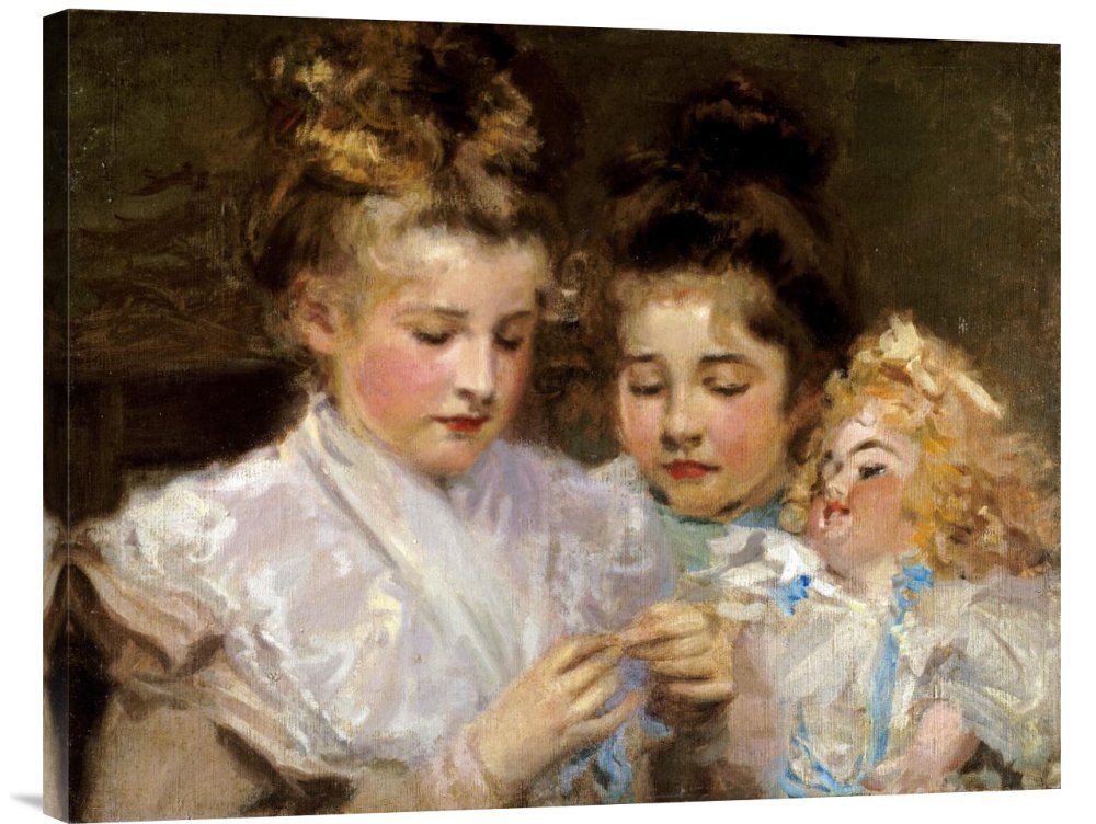 Frederic William Macmonnies Berthe and Marjorie with Their Doll - Gallery Wrap Giclee Canvas Wall Art Print - Home & Office Decor - Perfect for Living Room, Bedroom or Office Wall Decoration