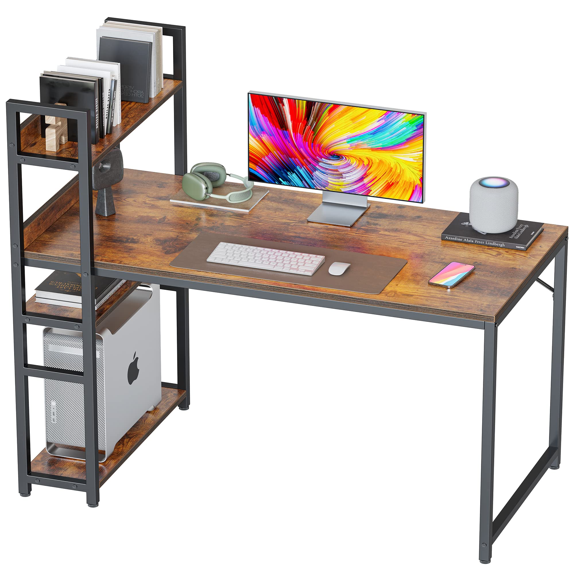 CubiCubi 47 Inch Computer Desk with Storage Shelves & Bookshelf - Reversible Study Desk for Home Office, Writing Table, Modern Simple Style, Brown - Perfect for Small Spaces, Gaming, Remote Work & Online Classes