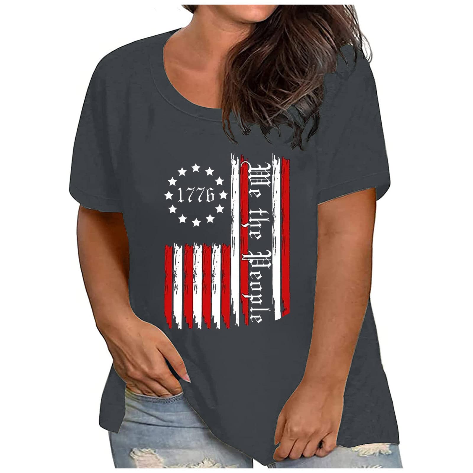 Patriotic Women's USA Flag T-Shirts - Plus Size Summer Short Sleeve Crewneck Loose Fit Casual Tops | Perfect for 4th of July, Memorial Day & Patriotic Events