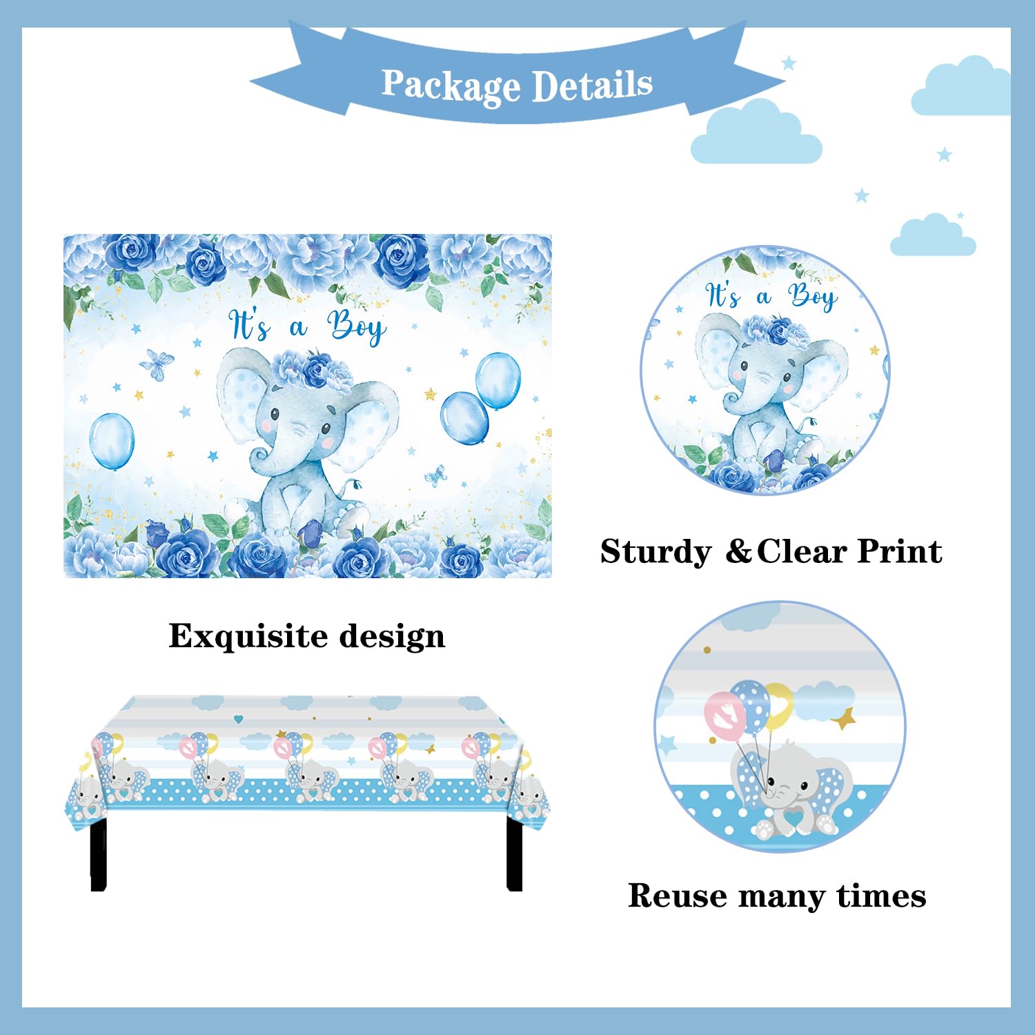 Baby Boy Shower Decorations Kit - Elephant Balloon Garland, Backdrop, Tablecloth & Letters for Baby Shower Party Supplies | Perfect for Gender Reveal, First Birthday & Nursery Decor (Blue)