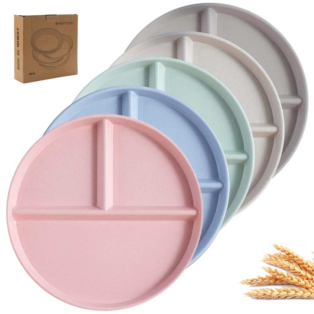 Unbreakable 5-Piece Divided Dinner Plate Set - 9 Inch BPA-Free Wheat Straw Portion Control Plates for Healthy Eating, Bariatric Diet & Kids | Microwave & Dishwasher Safe for Everyday Meals