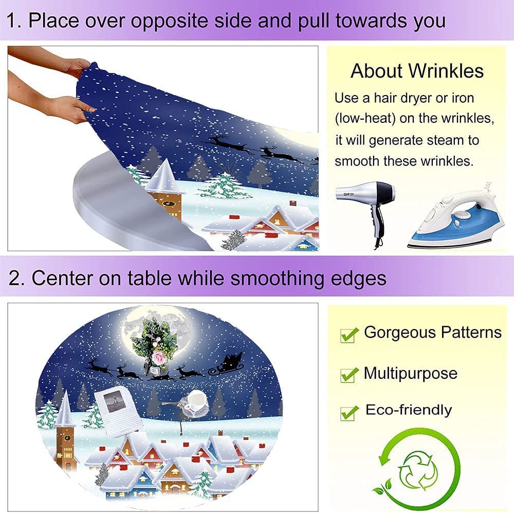 SongYi Christmas Round Elastic Fitted Tablecloth - Snow Night Pattern Holiday Party Dinner Decoration - Waterproof Wipeable Table Cover for 28''-32'' Tables - Perfect for Indoor & Outdoor Christmas Celebrations, Family Gatherings and Festive Dining Decor