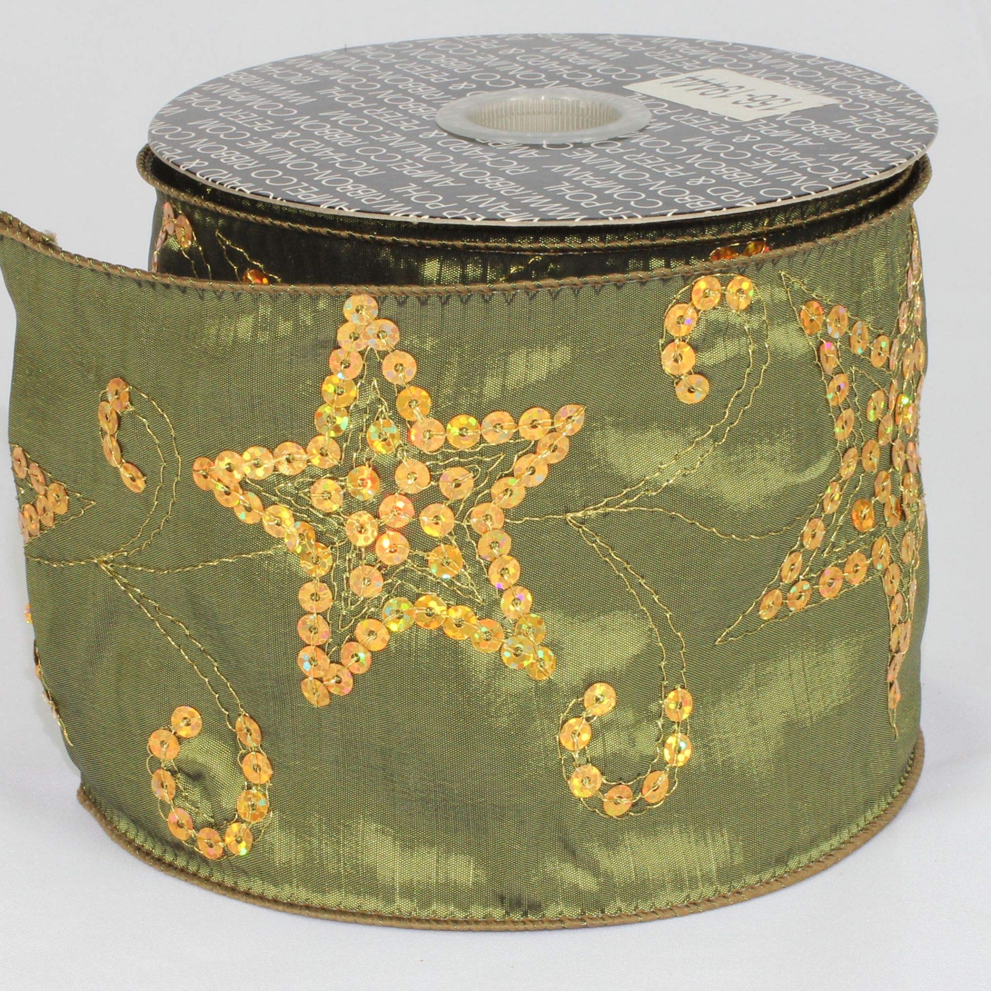 Green Taffeta Sequined Stars Wired Craft Ribbon - 4 Inch x 20 Yards Bulk Roll for Gift Wrapping, Holiday Decorations & DIY Projects