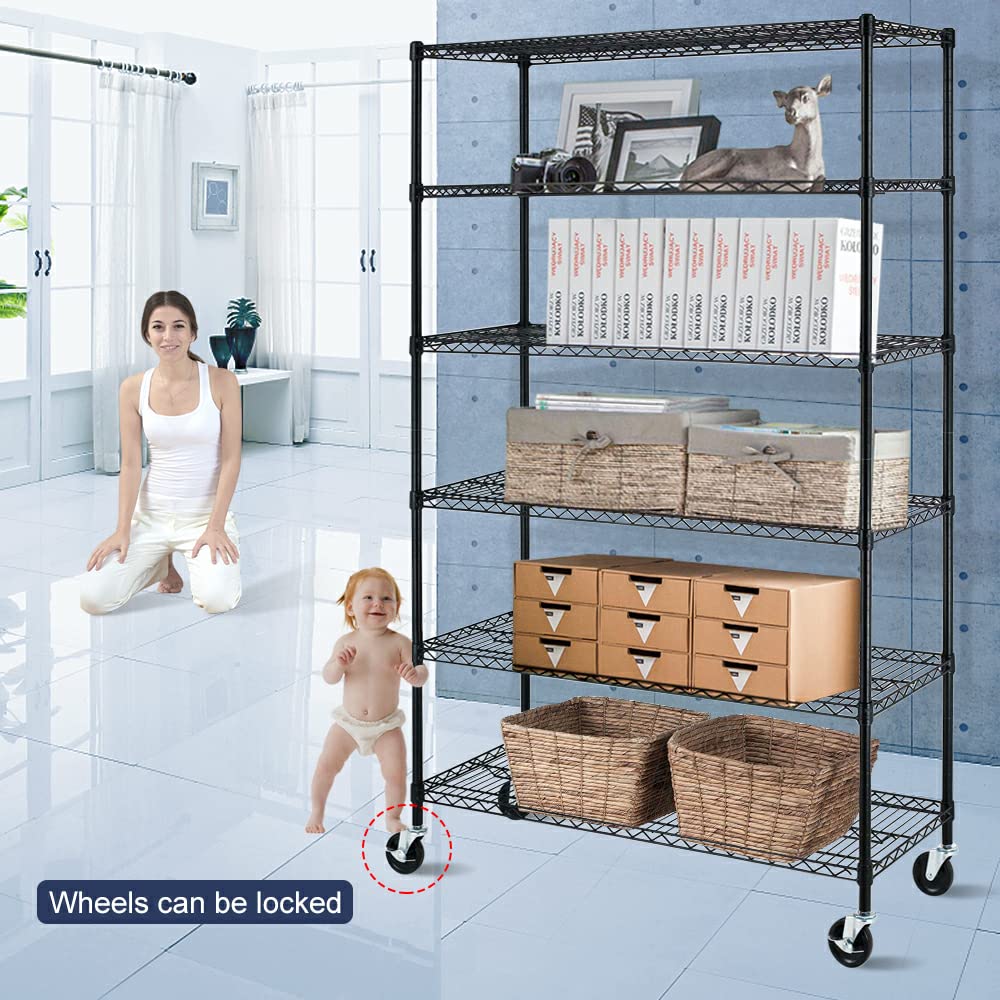 6000Lbs Capacity Heavy Duty Commercial Wire Shelving Unit - Adjustable 6-Tier NSF Metal Storage Rack with Wheels for Garage, Basement, Warehouse (76