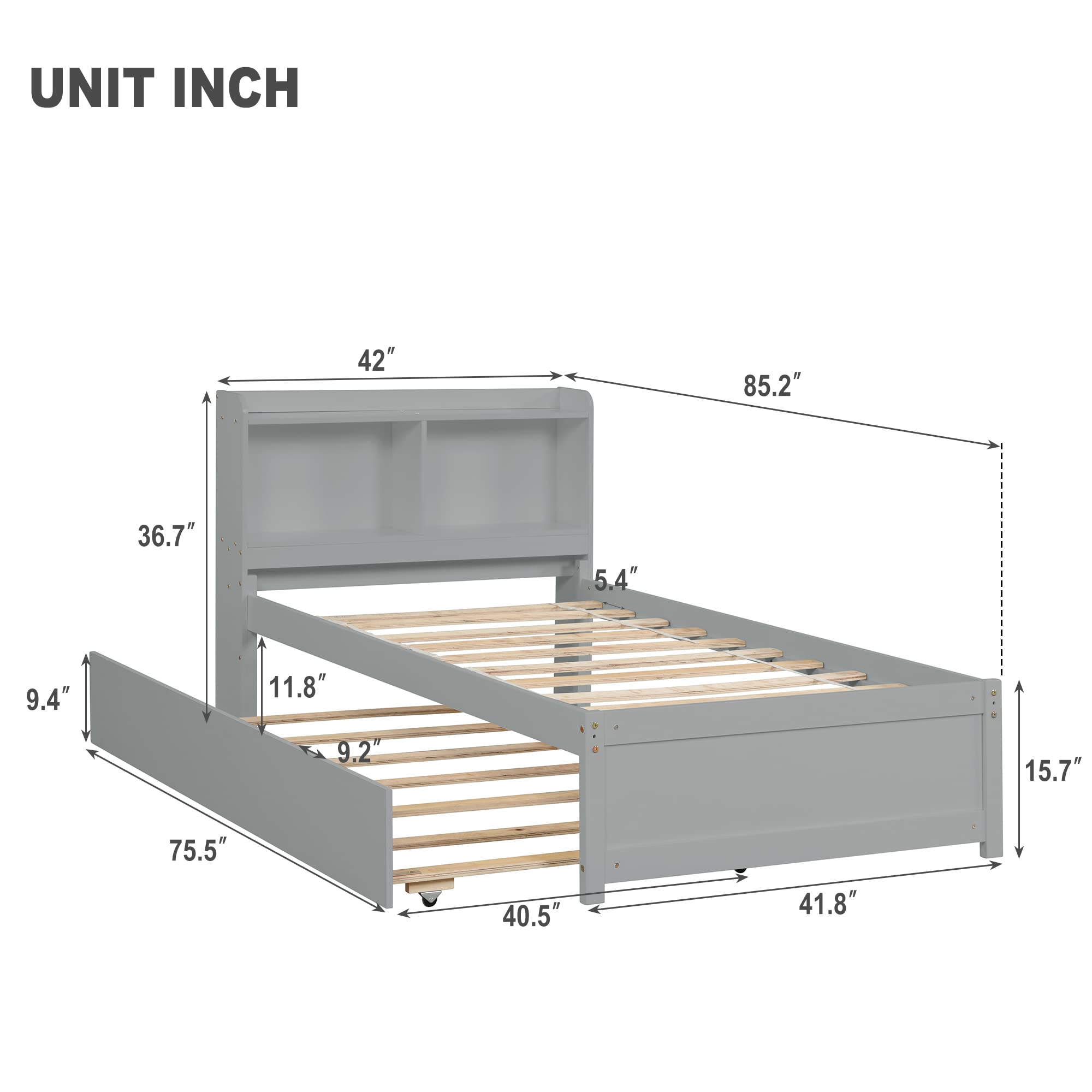 HomSof Twin Bed with Trundle and Bookcase - Space Saving Grey Bed Frame for Kids Room, Guest Bedroom & Small Spaces