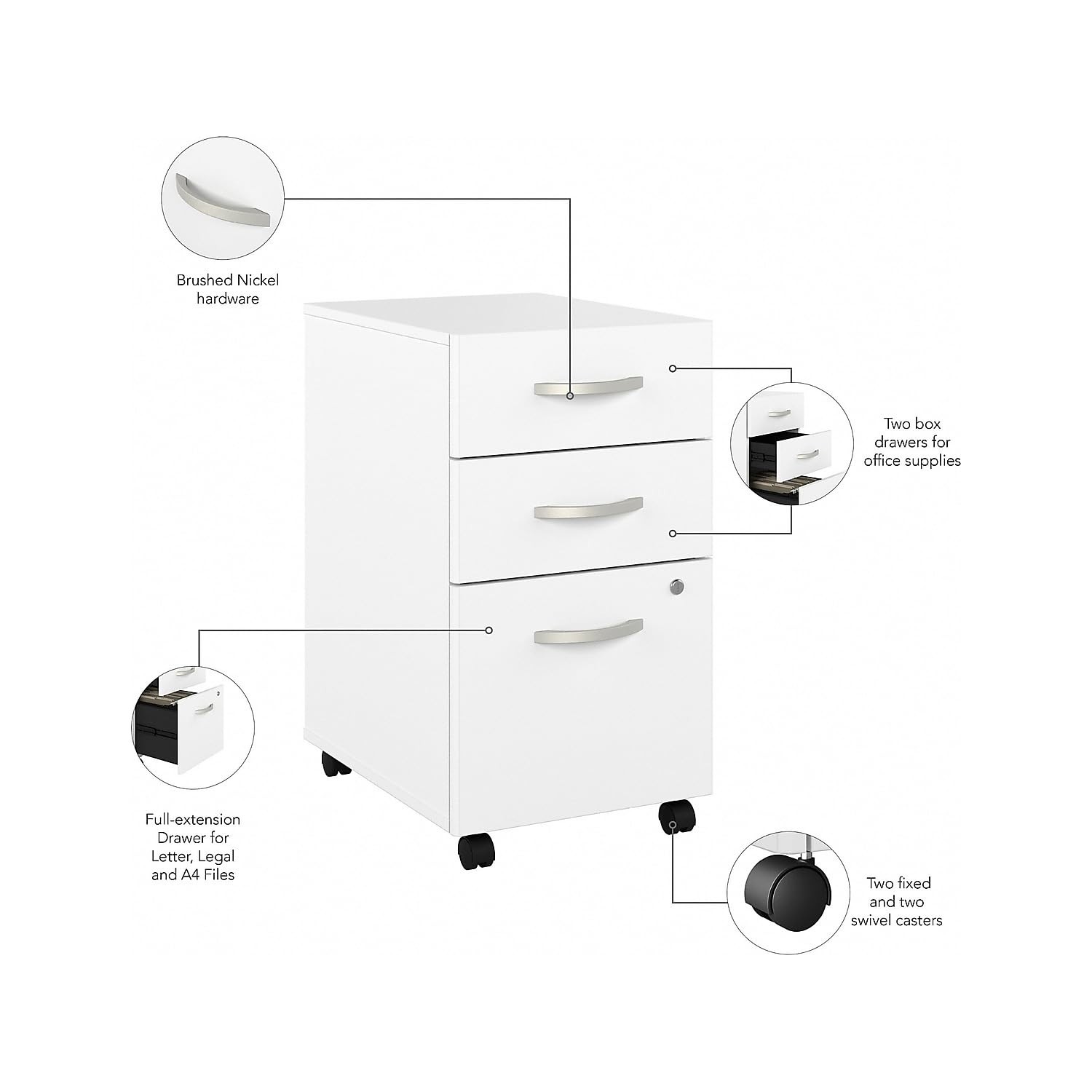 Bush Business Furniture Hybrid 3-Drawer Mobile File Cabinet - White, Assembled for Office Storage & Organization | Perfect for Home Office, Corporate Workspace & Document Filing