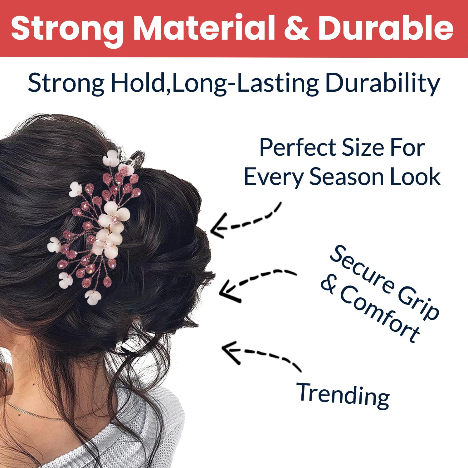 TEMPERIA Women's Hair Accessories - Elegant Artificial Flower & Crystal Pearl Bun Juda Bridal Brooch for Hairstyling & Decoration - Bridal Hair Pins & Clips (Pink & White) - Perfect for Weddings, Proms & Special Occasions