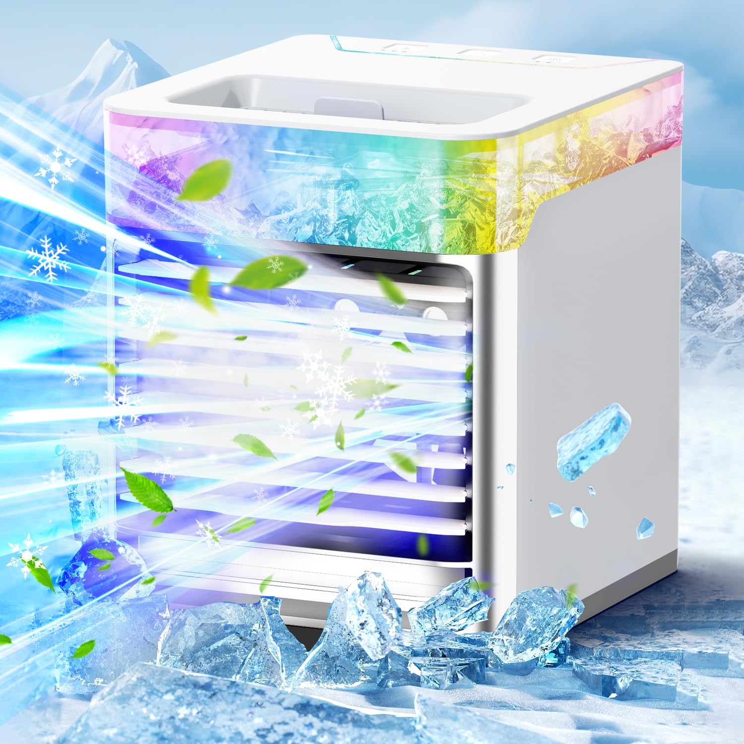 Portable Air Conditioner - Mini Personal Air Cooler with 3 Speed Settings, 2 Mist Modes & 7-Color Night Light | Evaporative Cooling for Office, Home, Camping & Outdoor Use | Compact Desk Cooler for Summer Heat Relief